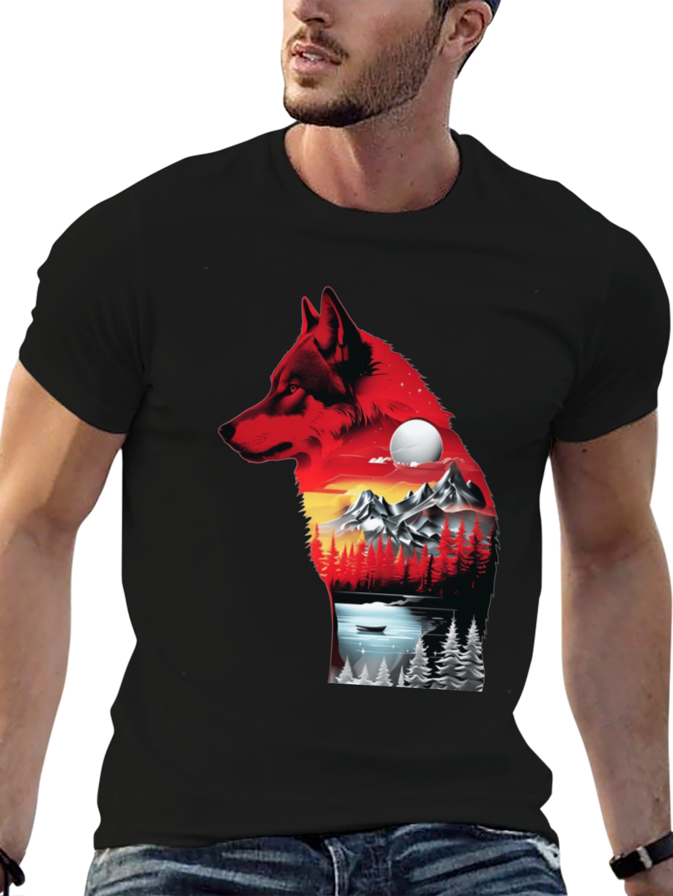 Wolf Landscape Graphic T-Shirt - Black