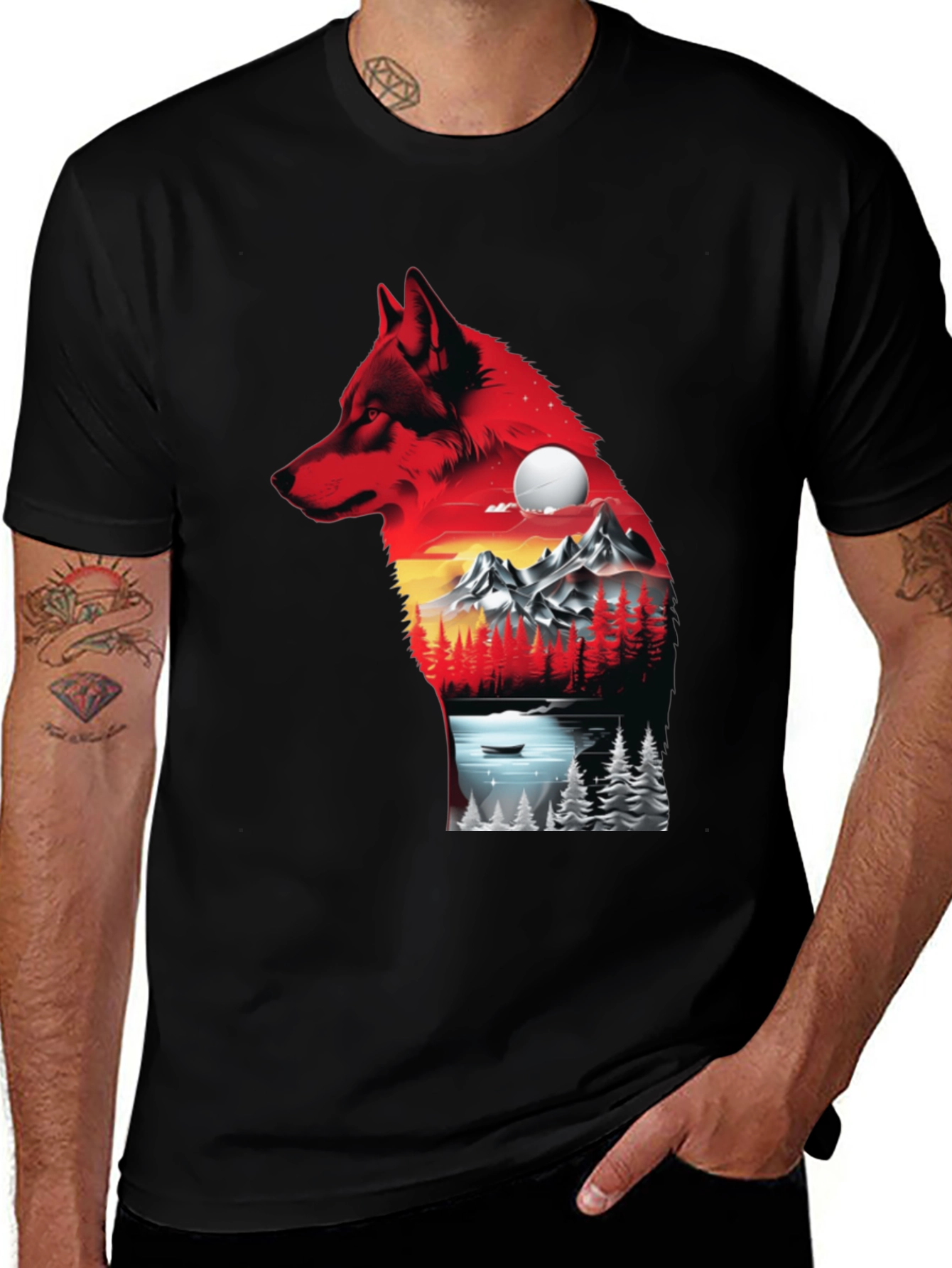 Wolf Landscape Graphic T-Shirt - Black