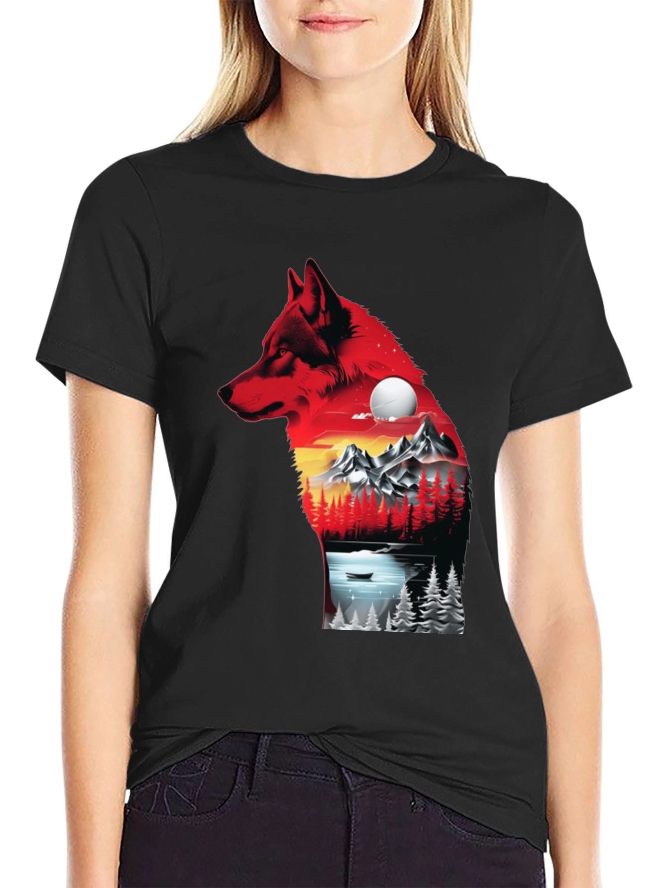 Wolf Landscape Graphic T-Shirt - Black