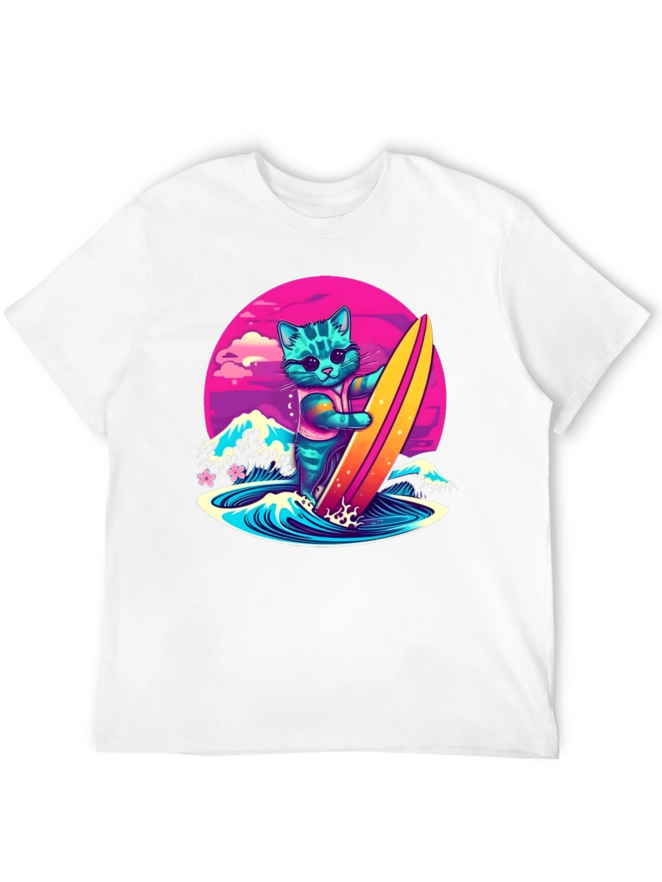 Surfing Cat Graphic T-Shirt - Cool Neon Design