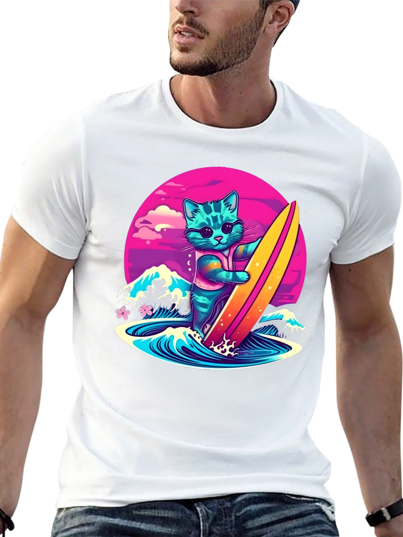 Surfing Cat Graphic T-Shirt - Cool Neon Design