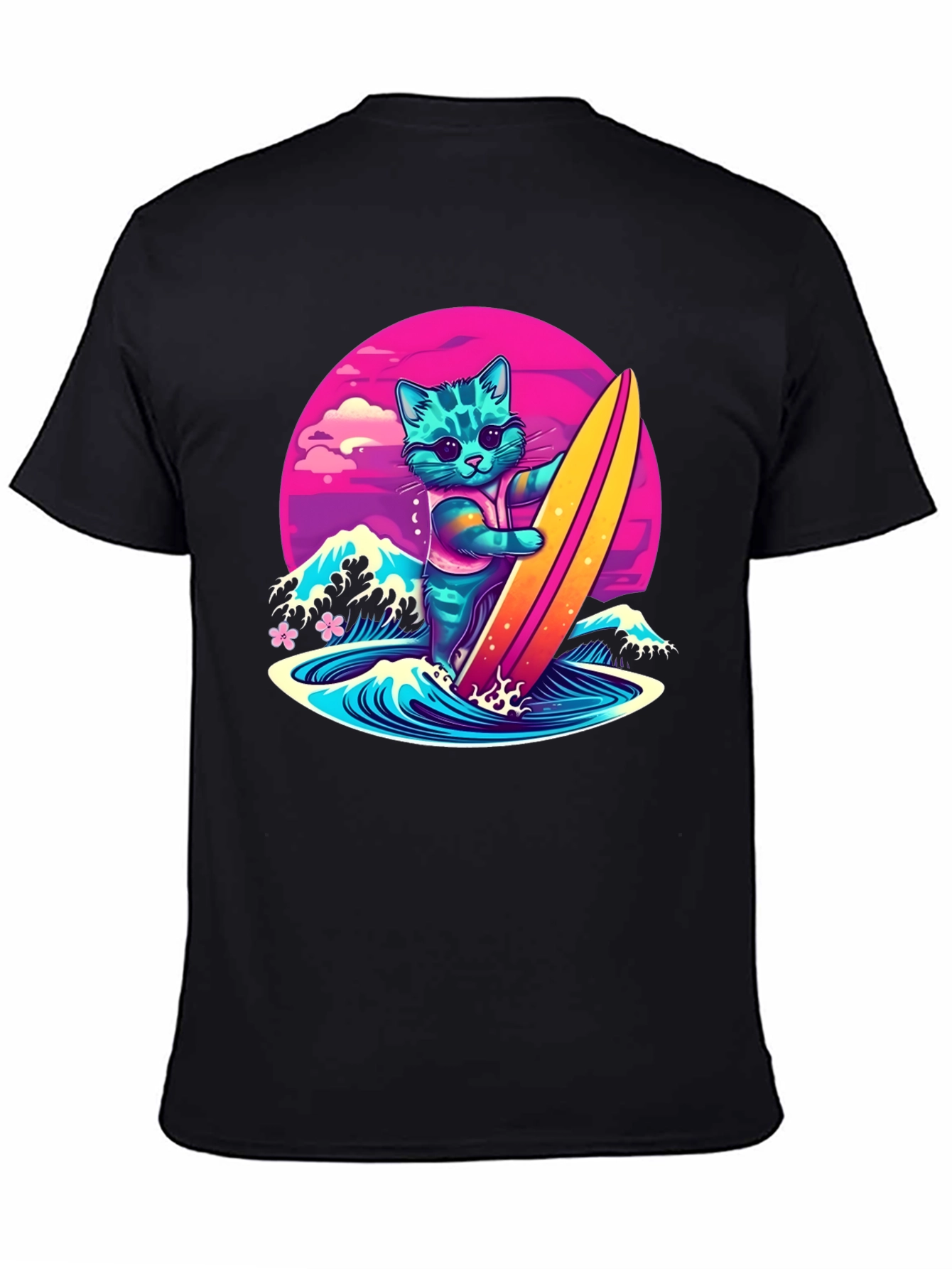 Surfing Cat Graphic T-Shirt - Cool Neon Design