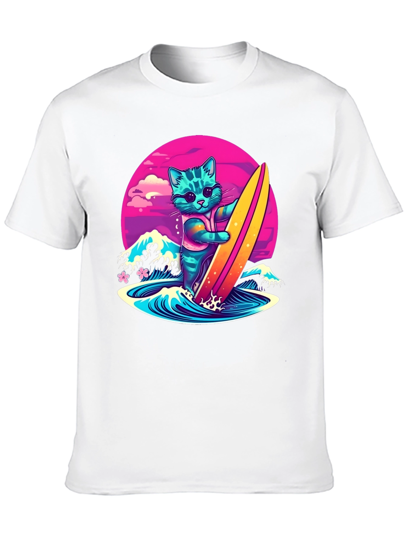 Surfing Cat Graphic T-Shirt - Cool Neon Design