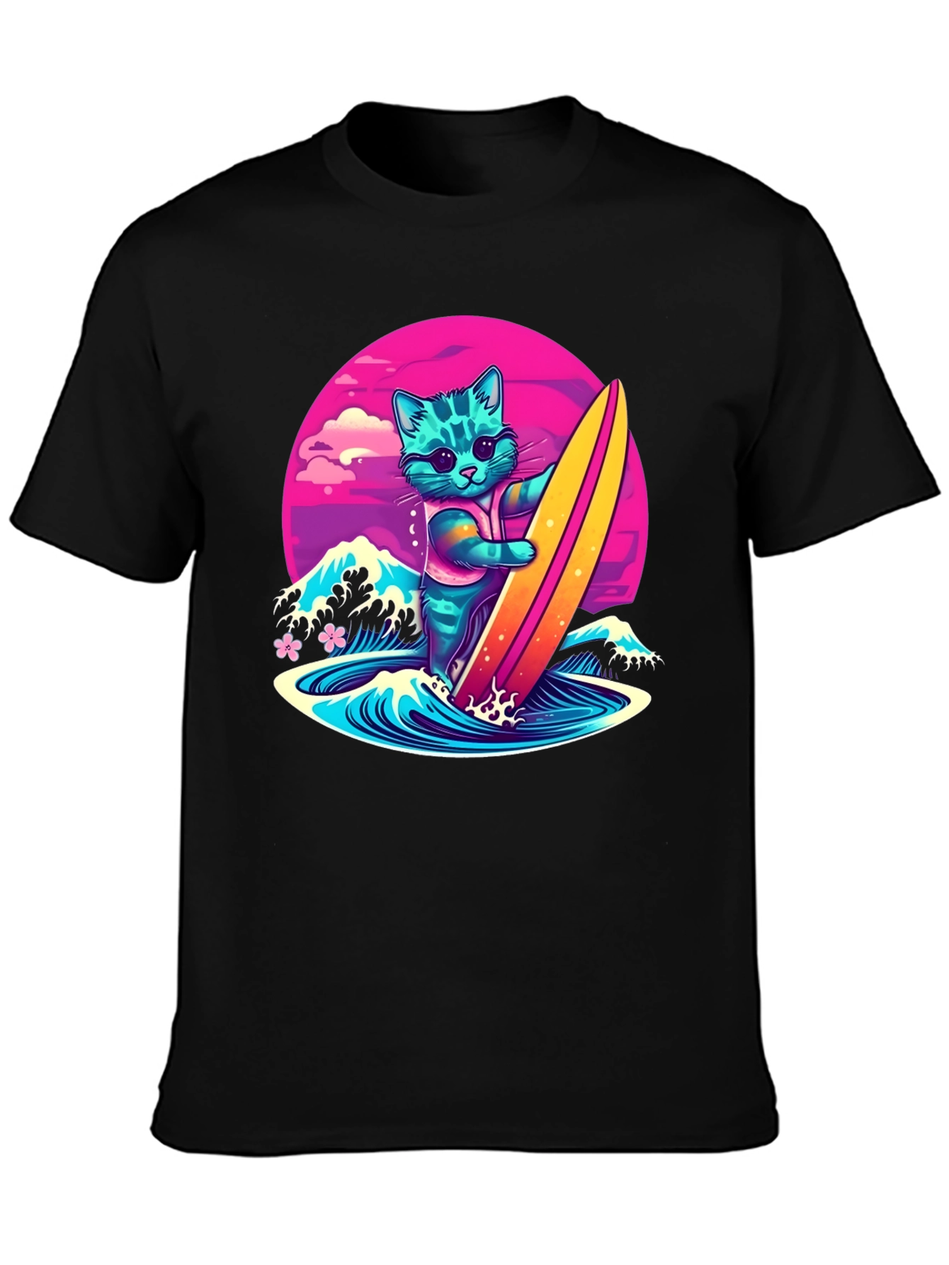 Surfing Cat Graphic T-Shirt - Cool Neon Design