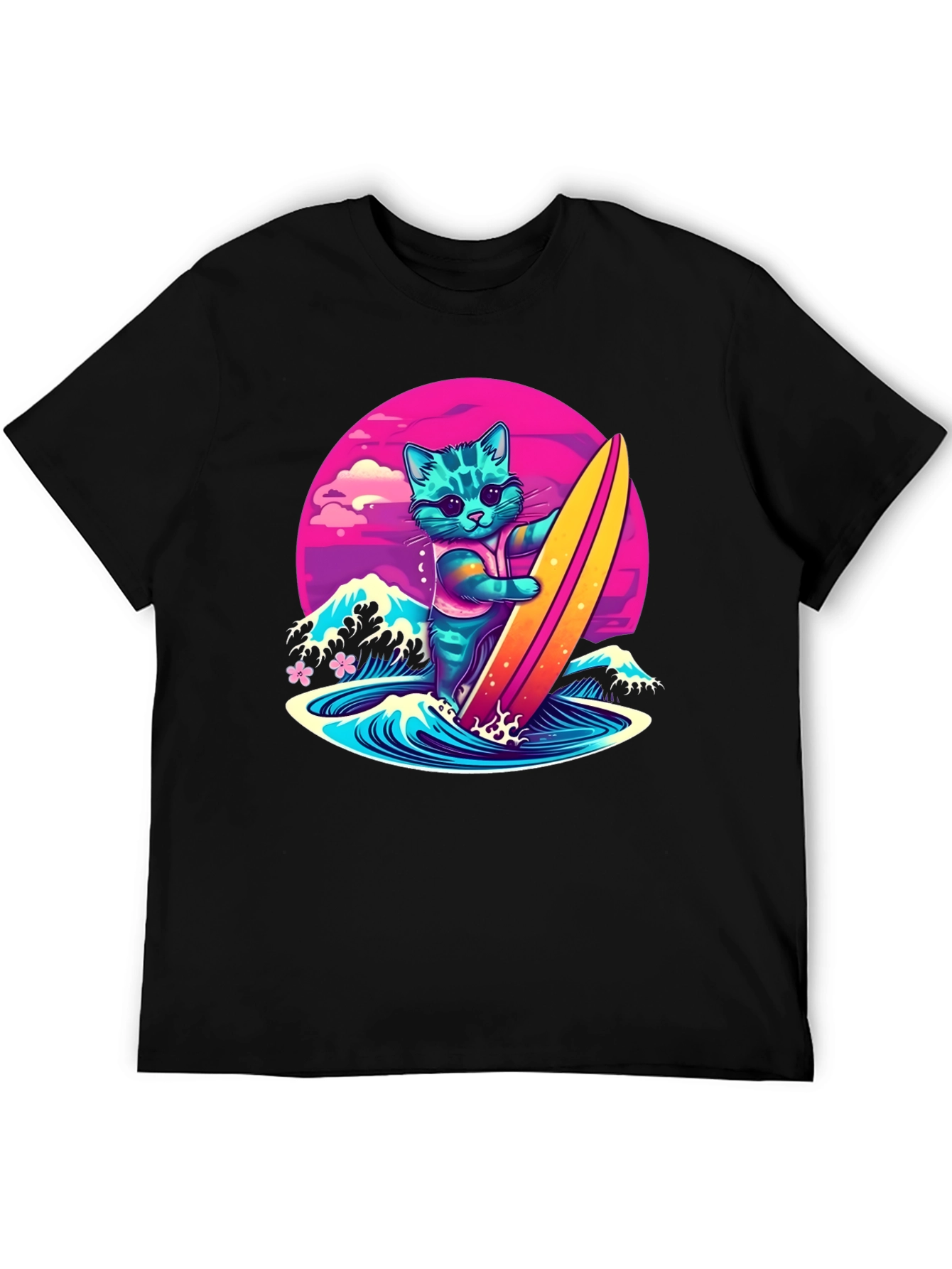 Surfing Cat Graphic T-Shirt - Cool Neon Design
