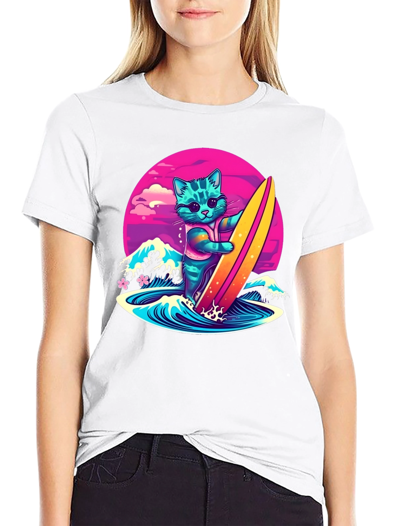 Surfing Cat Graphic T-Shirt - Cool Neon Design