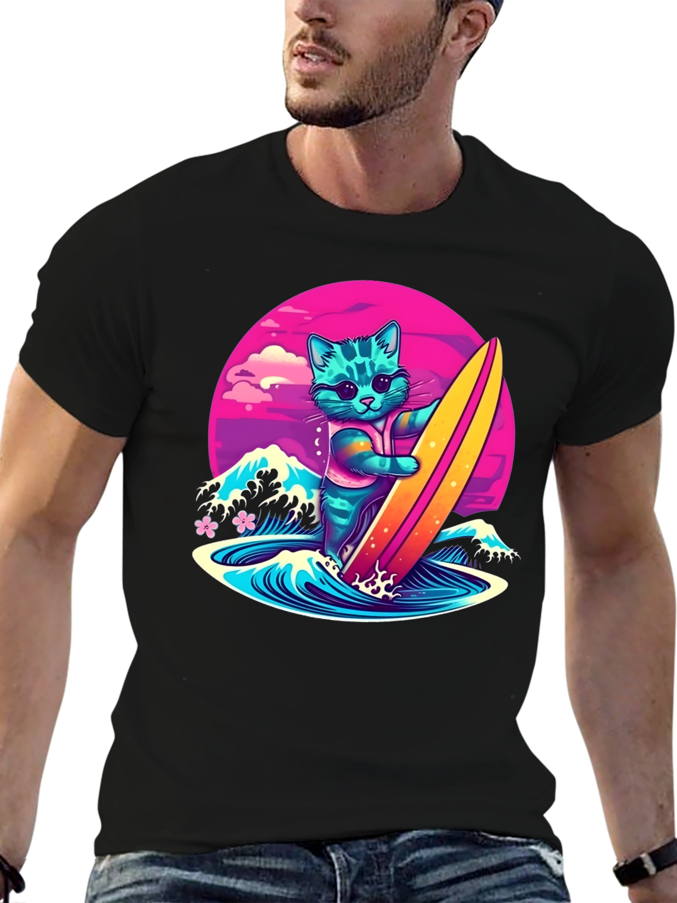 Surfing Cat Graphic T-Shirt - Cool Neon Design
