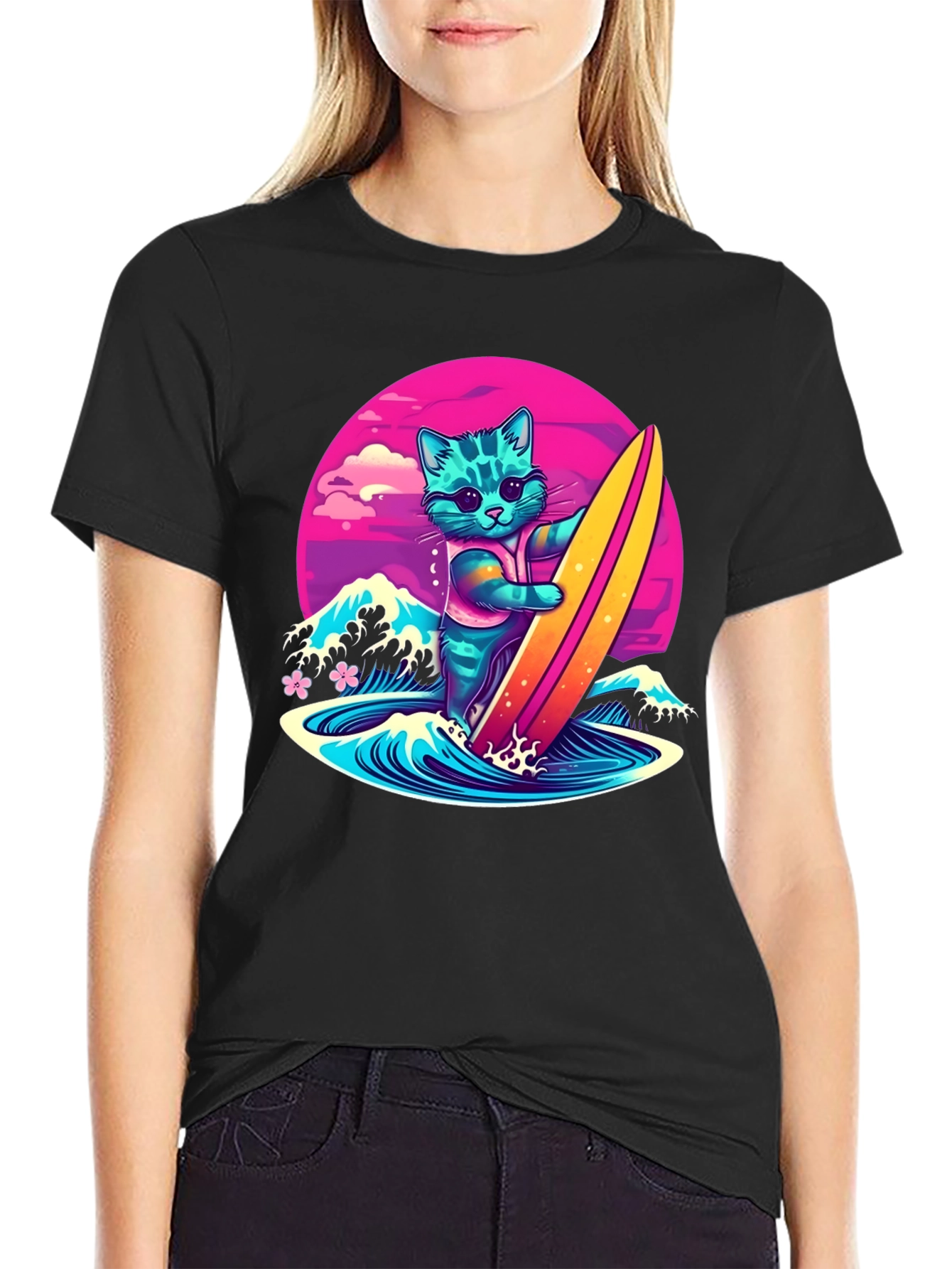 Surfing Cat Graphic T-Shirt - Cool Neon Design