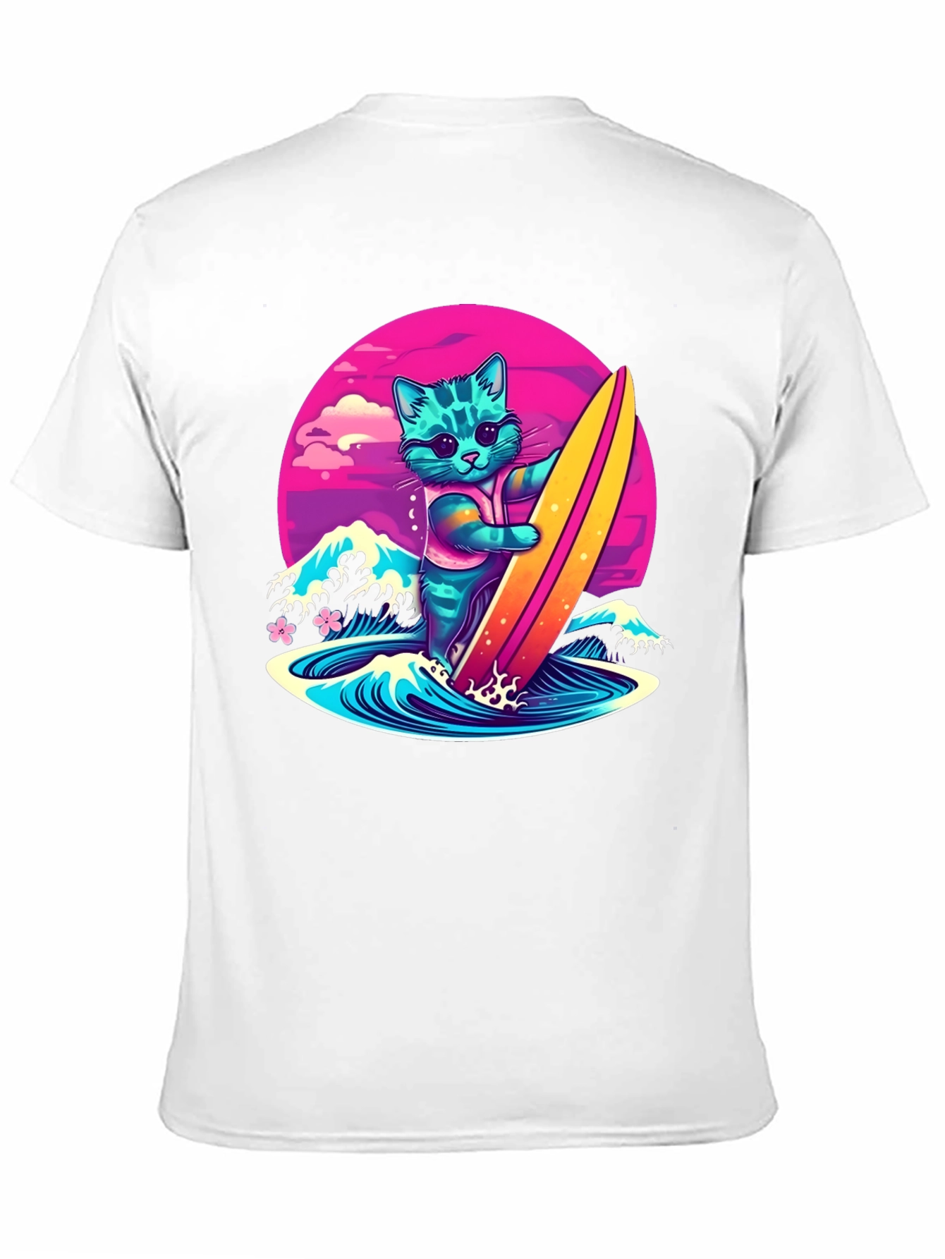 Surfing Cat Graphic T-Shirt - Cool Neon Design