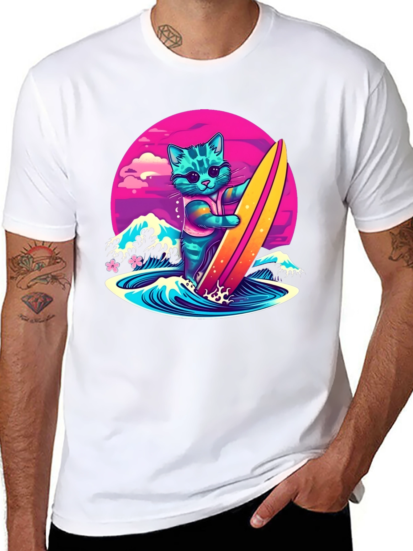 Surfing Cat Graphic T-Shirt - Cool Neon Design