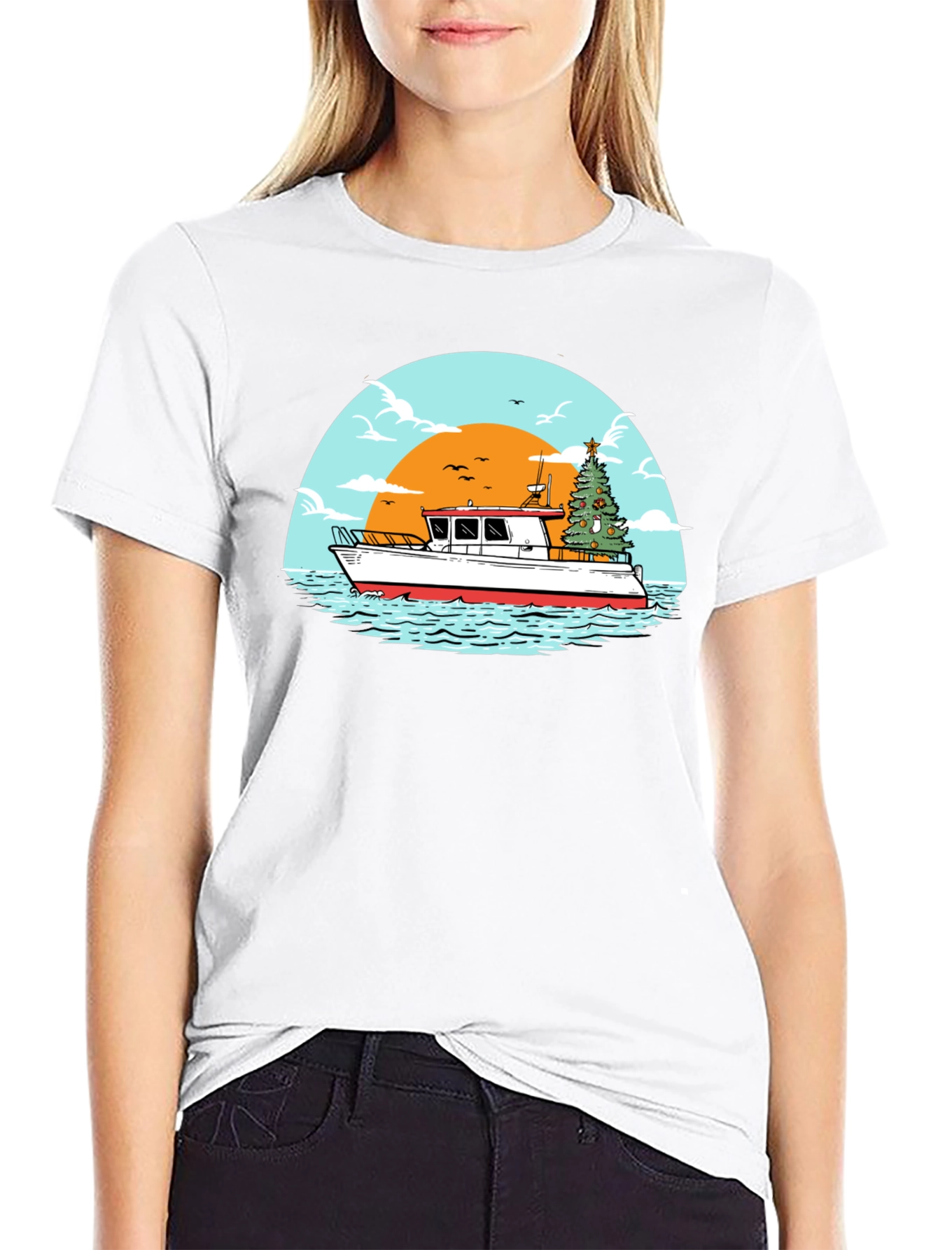 Christmas Boat Graphic T-Shirt - Holiday Nautical Tee