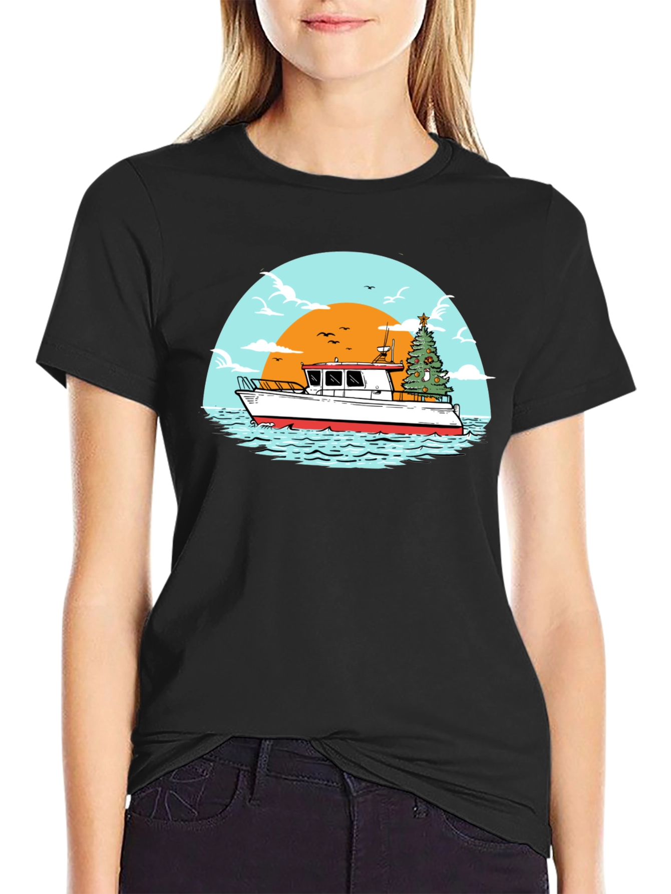 Christmas Boat Graphic T-Shirt - Holiday Nautical Tee