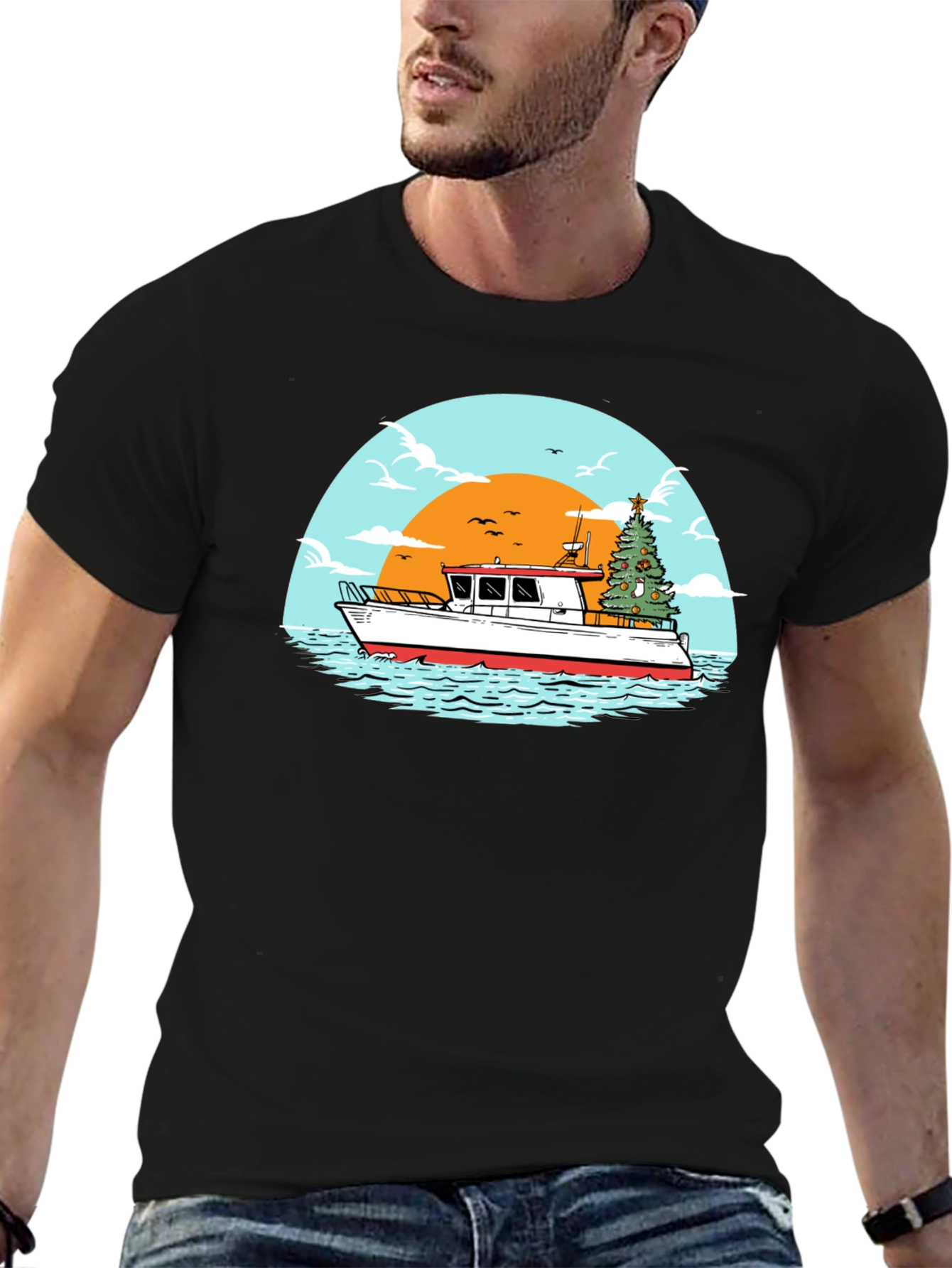 Christmas Boat Graphic T-Shirt - Holiday Nautical Tee