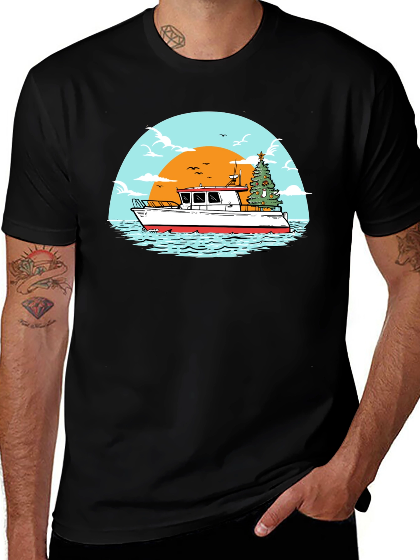 Christmas Boat Graphic T-Shirt - Holiday Nautical Tee