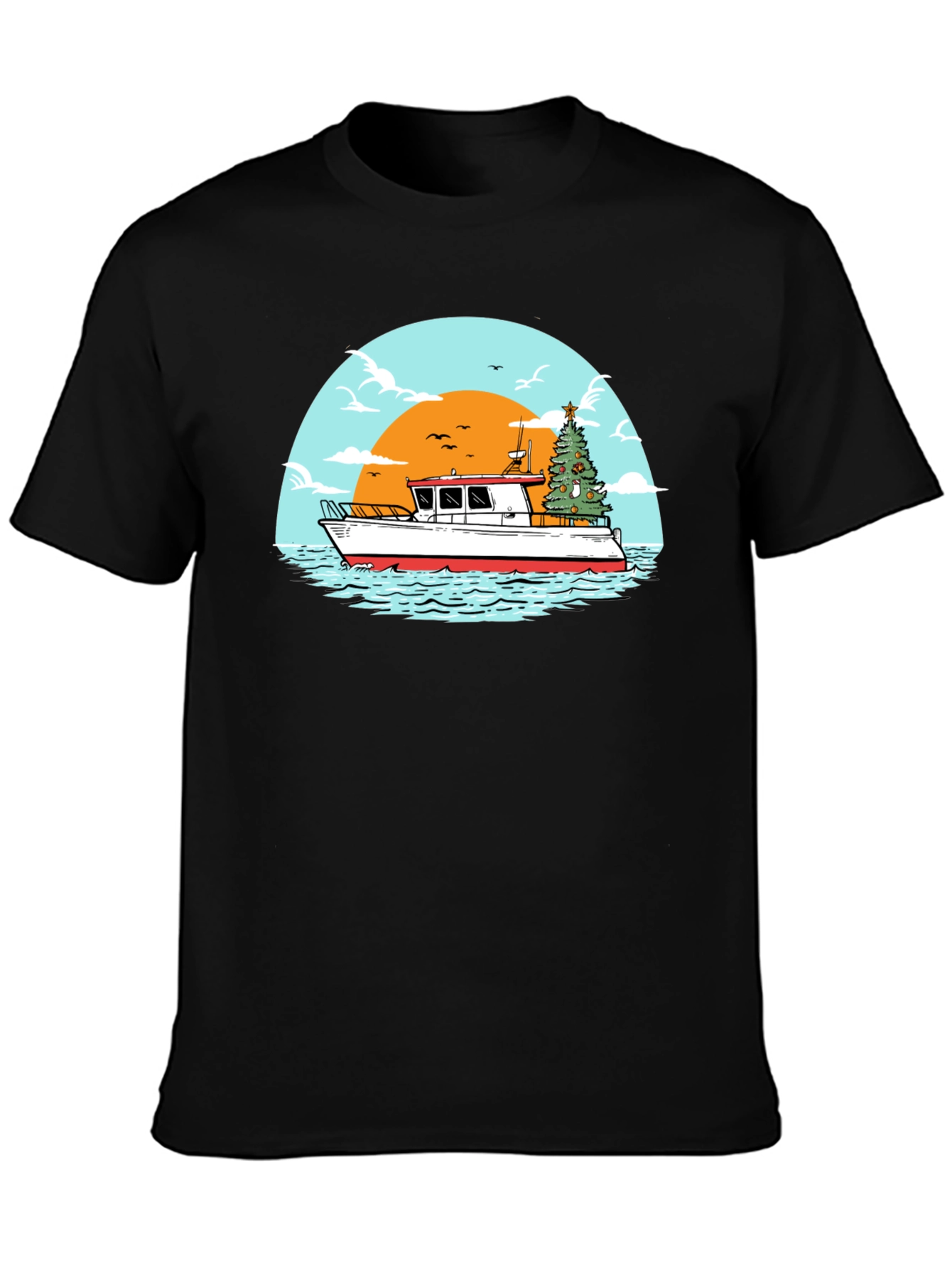 Christmas Boat Graphic T-Shirt - Holiday Nautical Tee