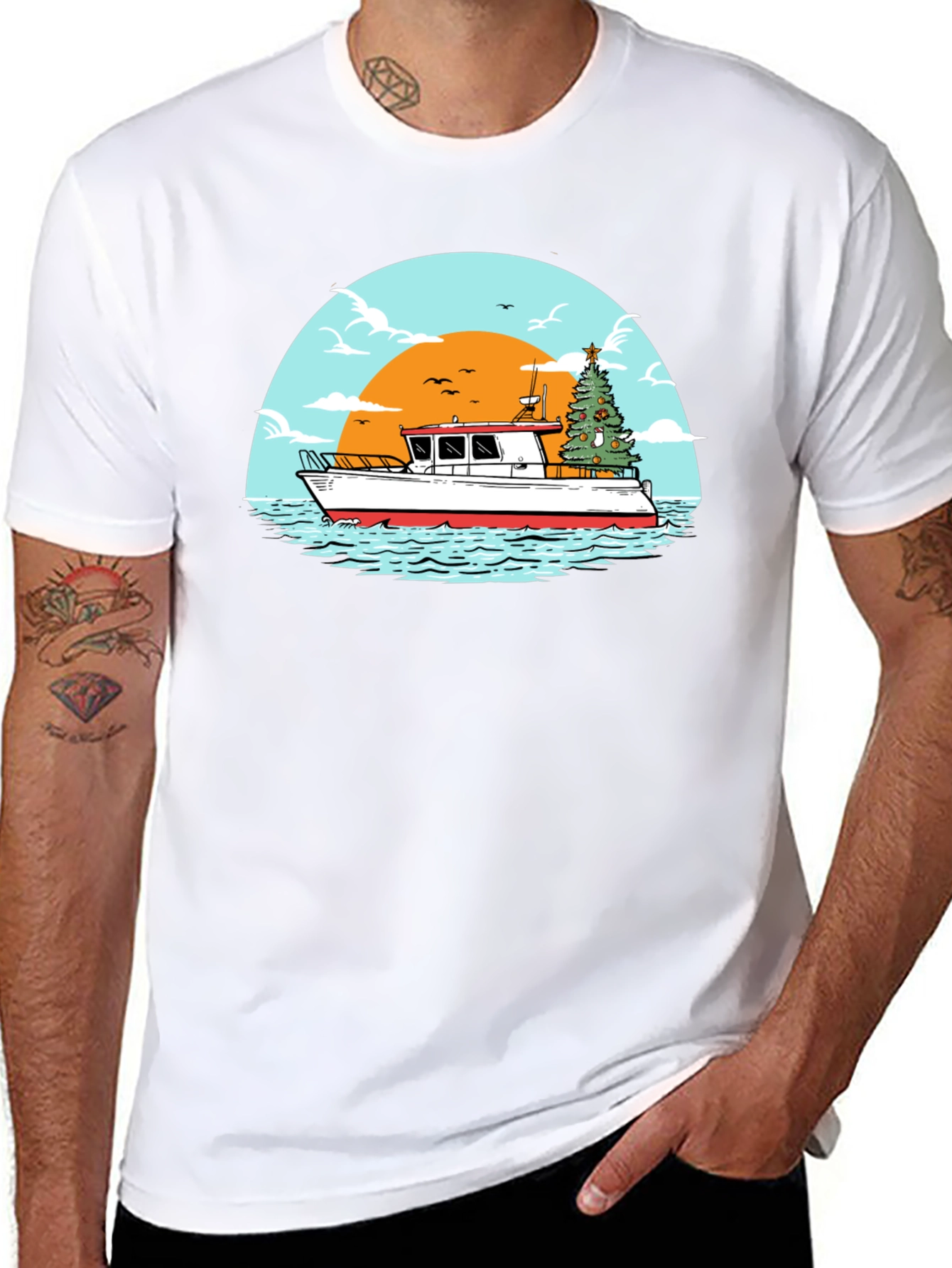 Christmas Boat Graphic T-Shirt - Holiday Nautical Tee