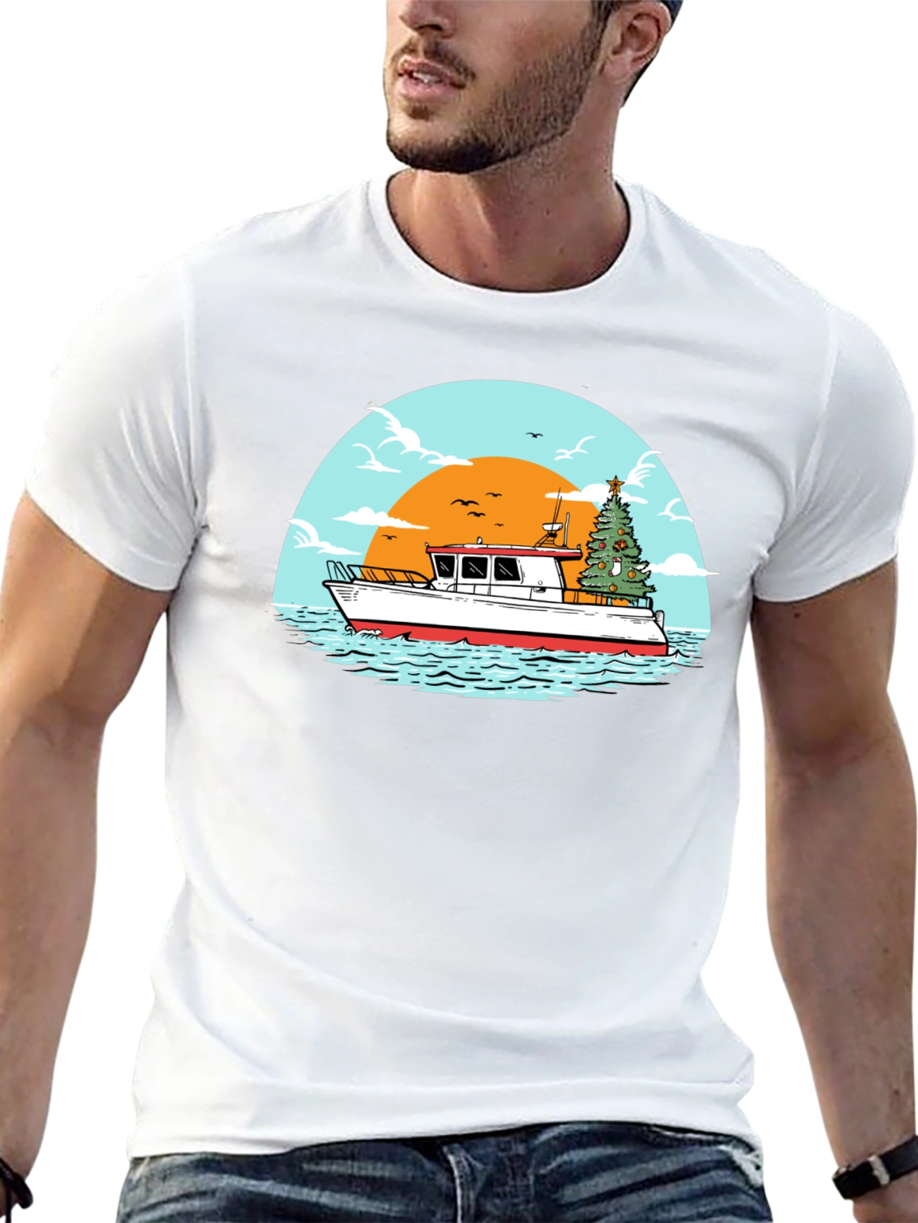 Christmas Boat Graphic T-Shirt - Holiday Nautical Tee