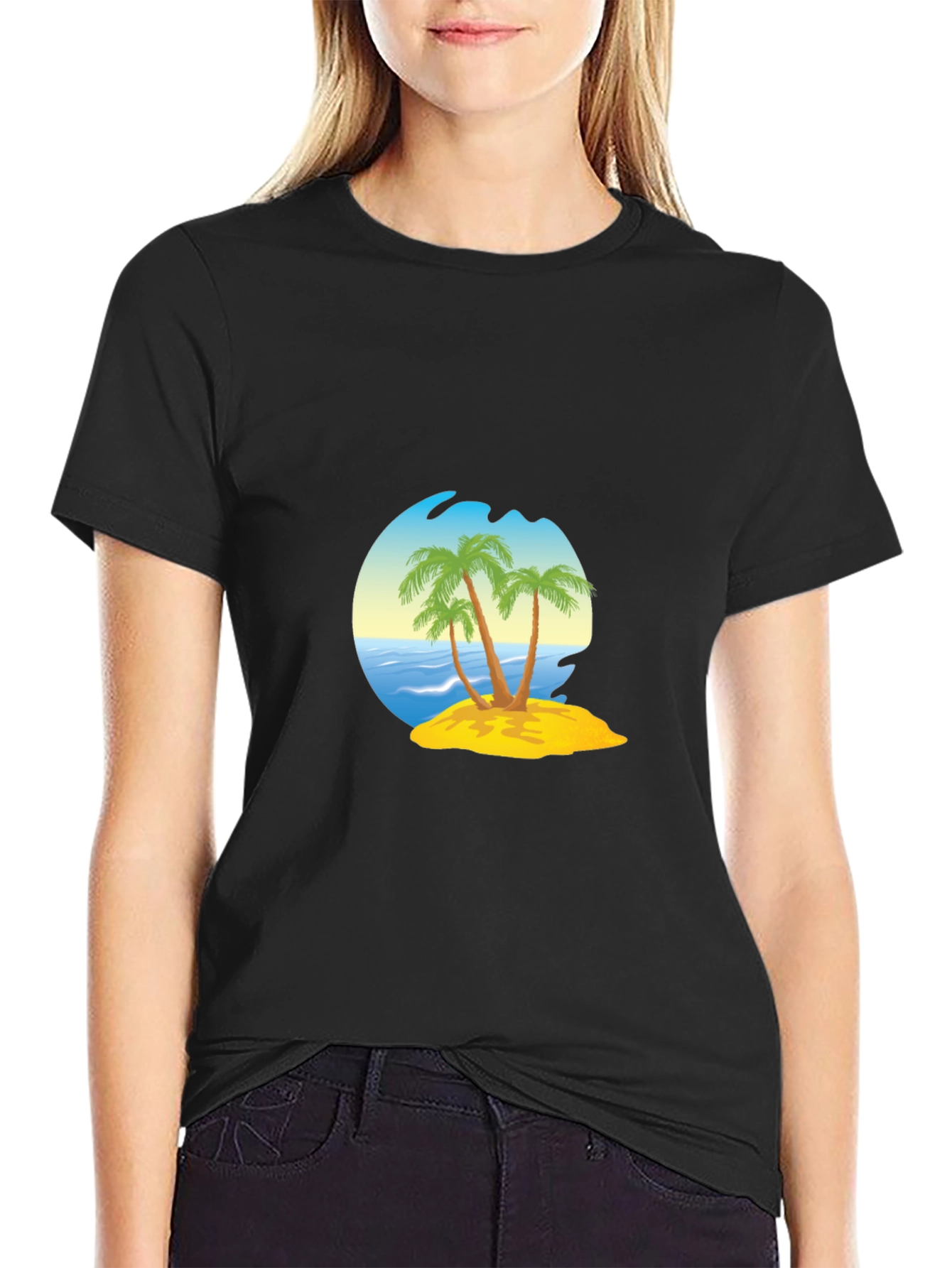 Island Palm Tee - Black Cotton Blend T-Shirt