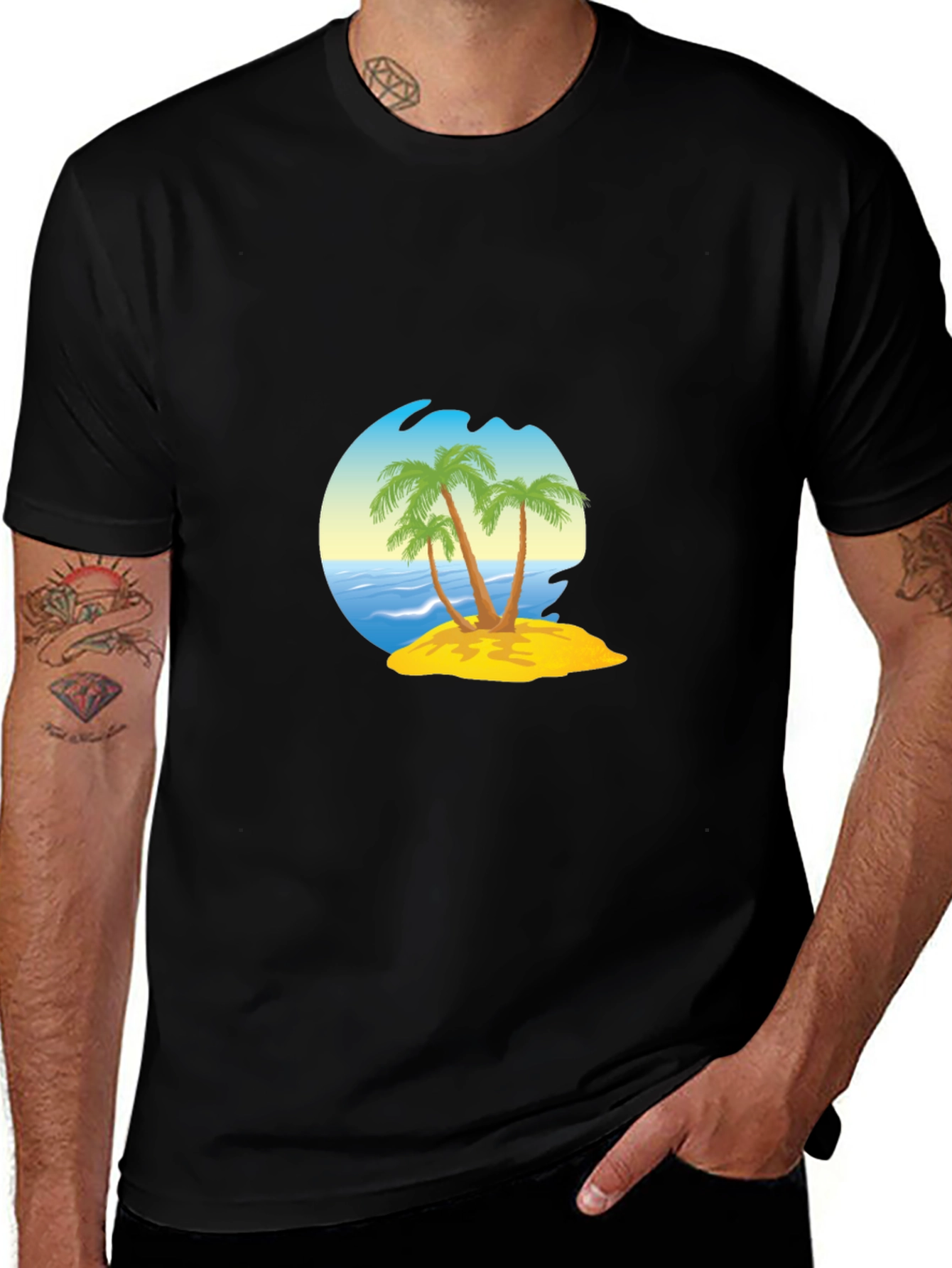 Island Palm Tee - Black Cotton Blend T-Shirt