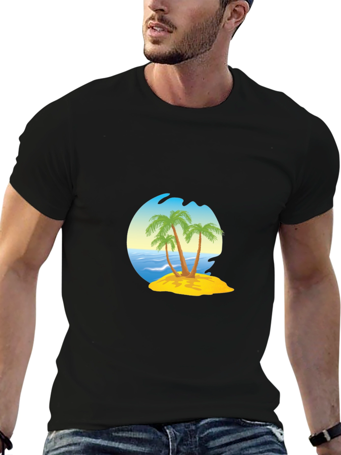 Island Palm Tee - Black Cotton Blend T-Shirt