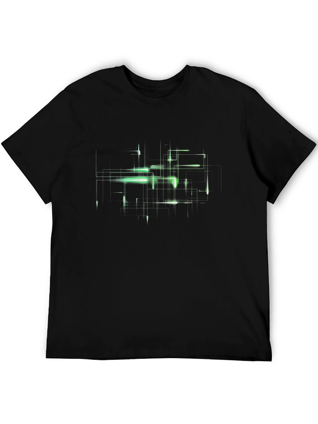 Futuristic Green Grid Graphic Black T-Shirt
