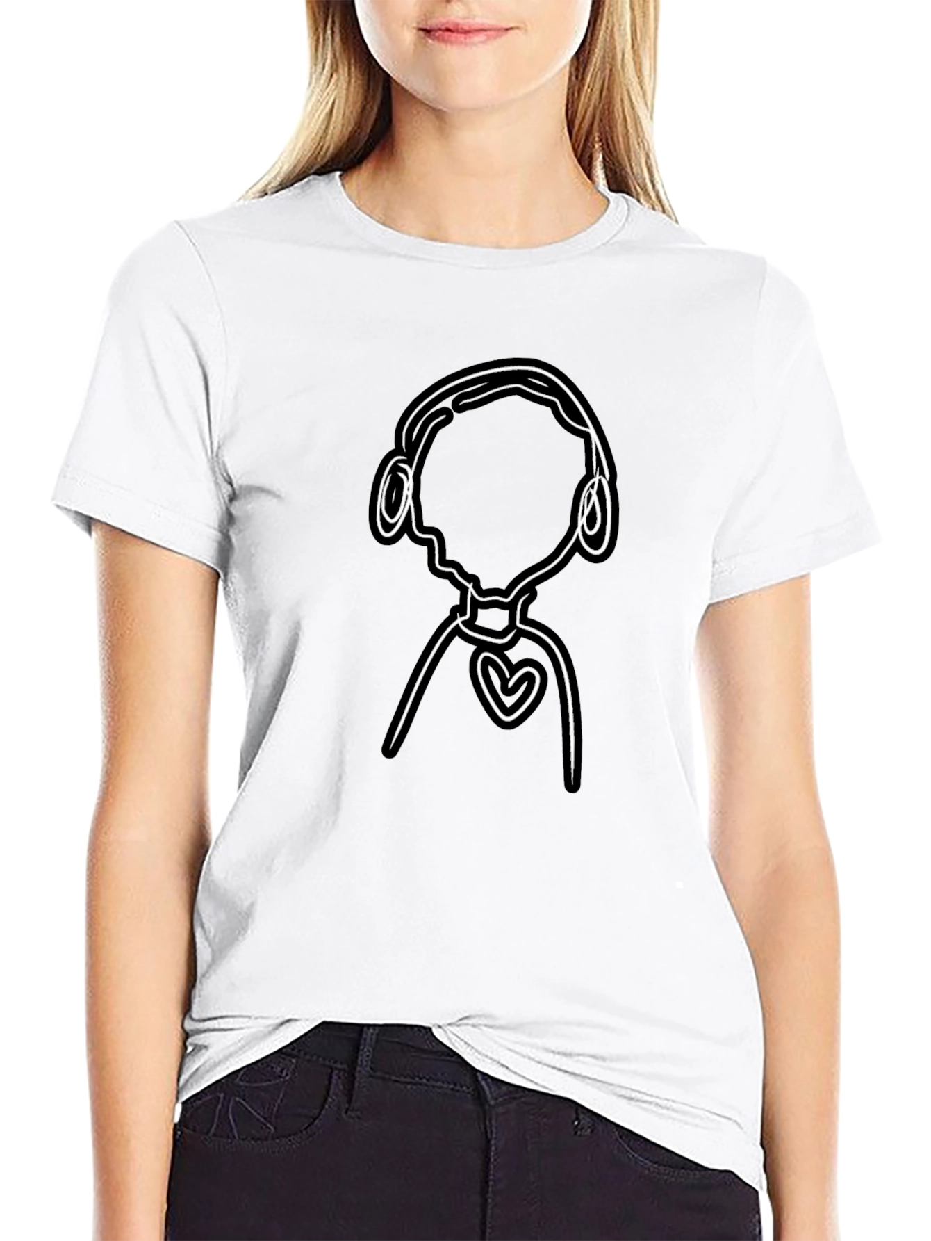 Line Art Heart Headphones Black T-Shirt