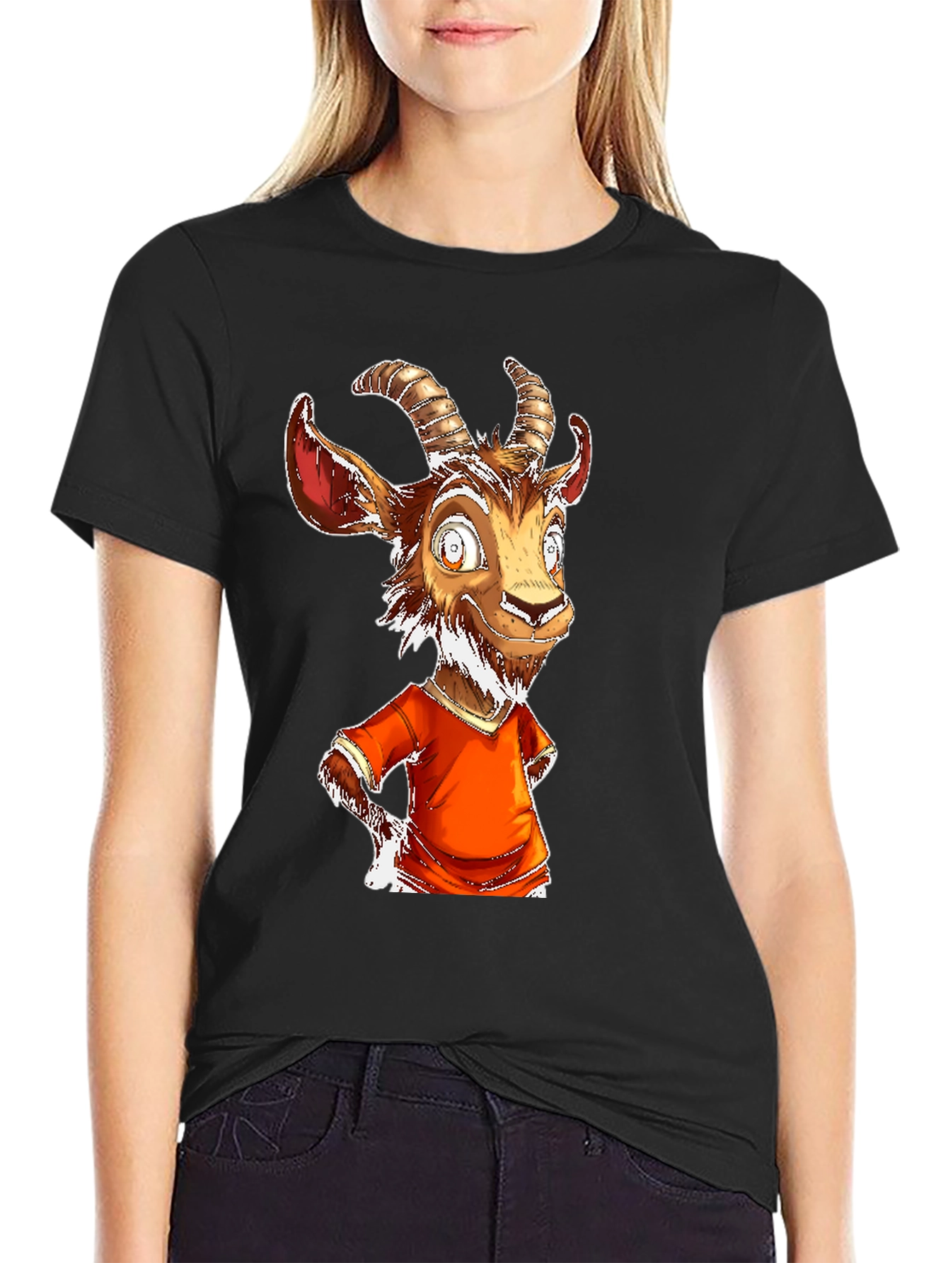 Goat Cartoon Graphic Tee - Black