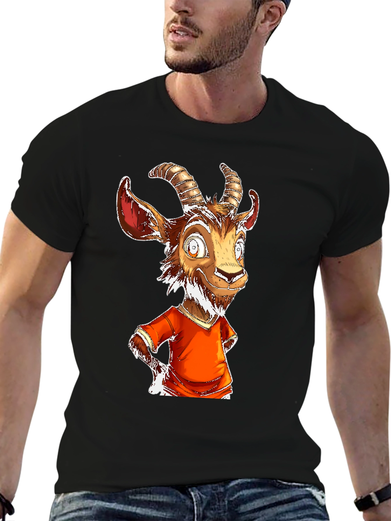 Goat Cartoon Graphic Tee - Black