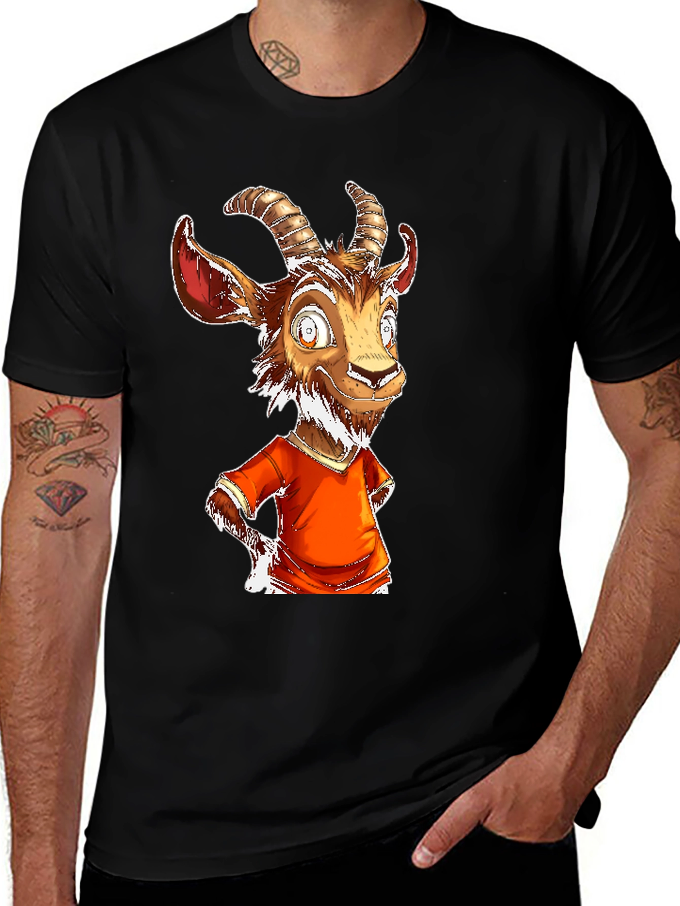 Goat Cartoon Graphic Tee - Black