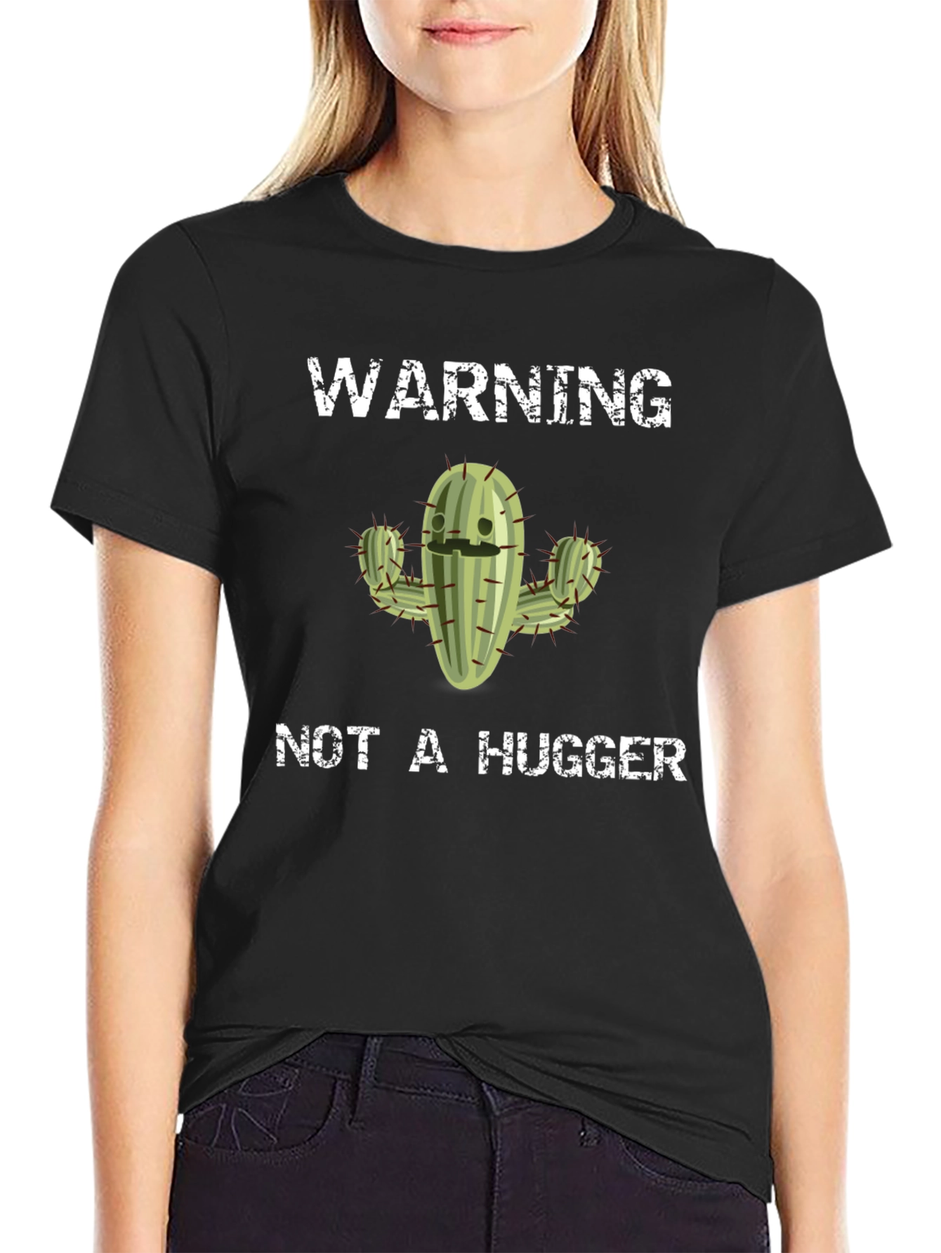 Warning Not A Hugger Cactus Graphic Tee - Black