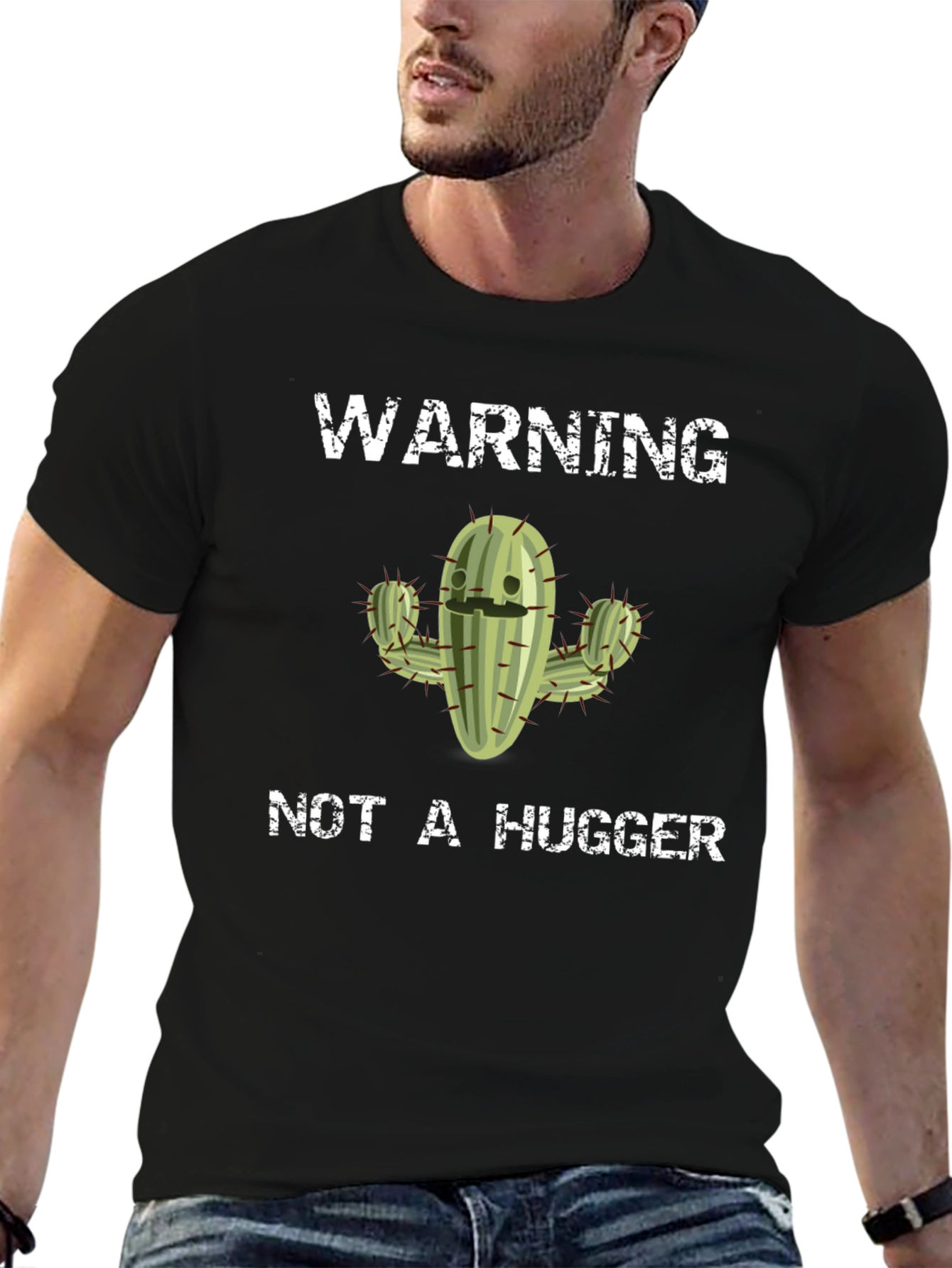 Warning Not A Hugger Cactus Graphic Tee - Black
