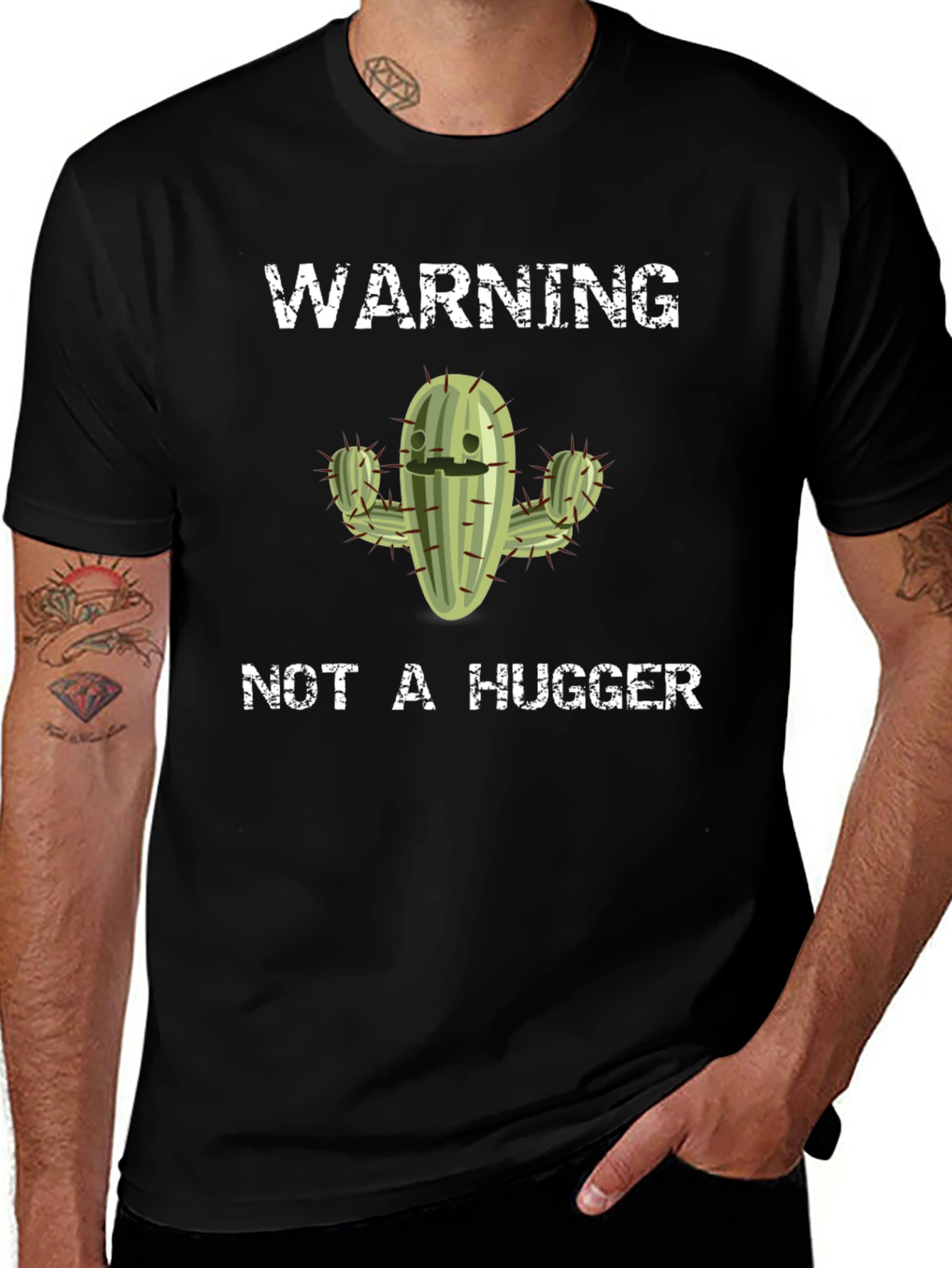 Warning Not A Hugger Cactus Graphic Tee - Black