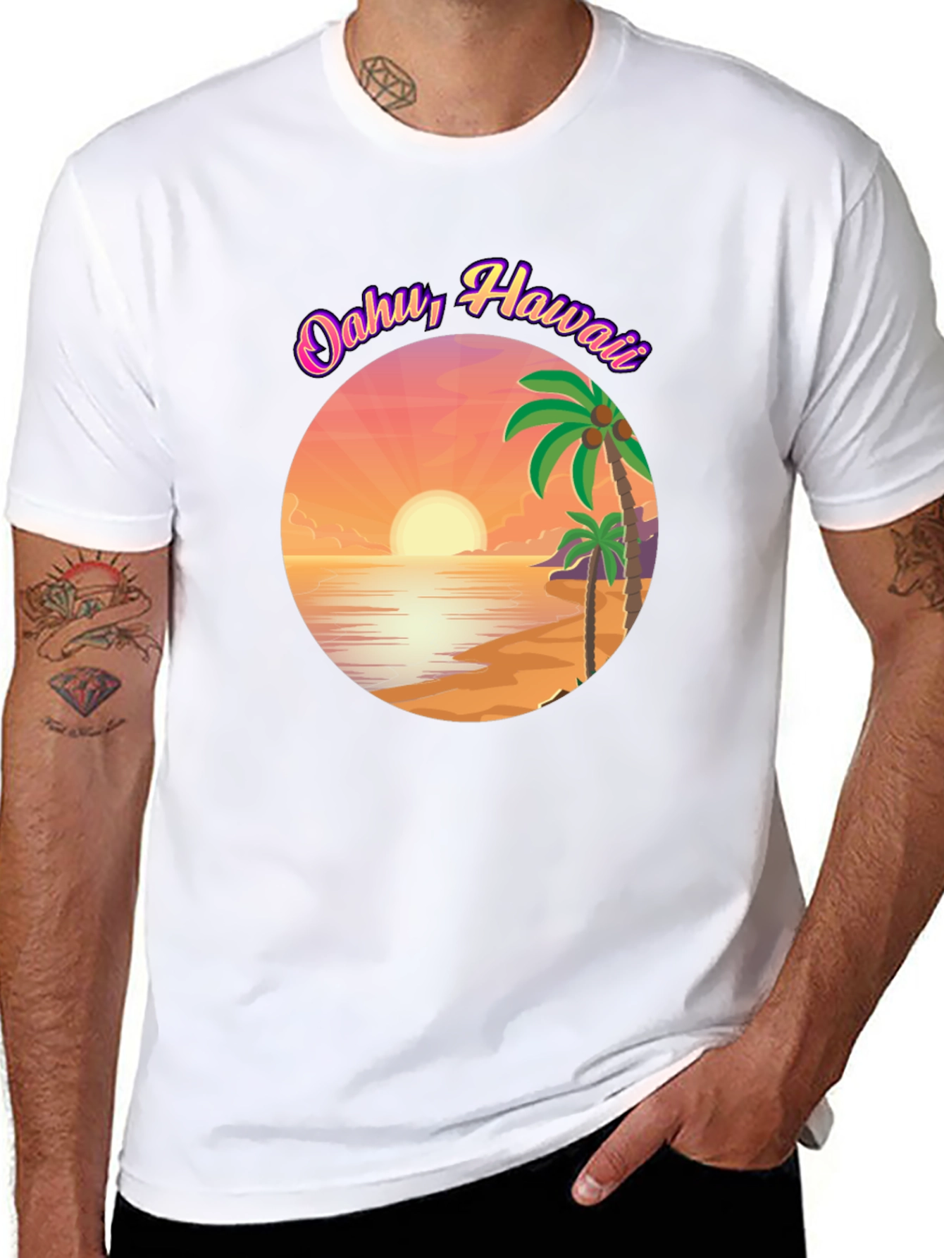 Oahu Hawaii Graphic T-Shirt - Island Sunset Design