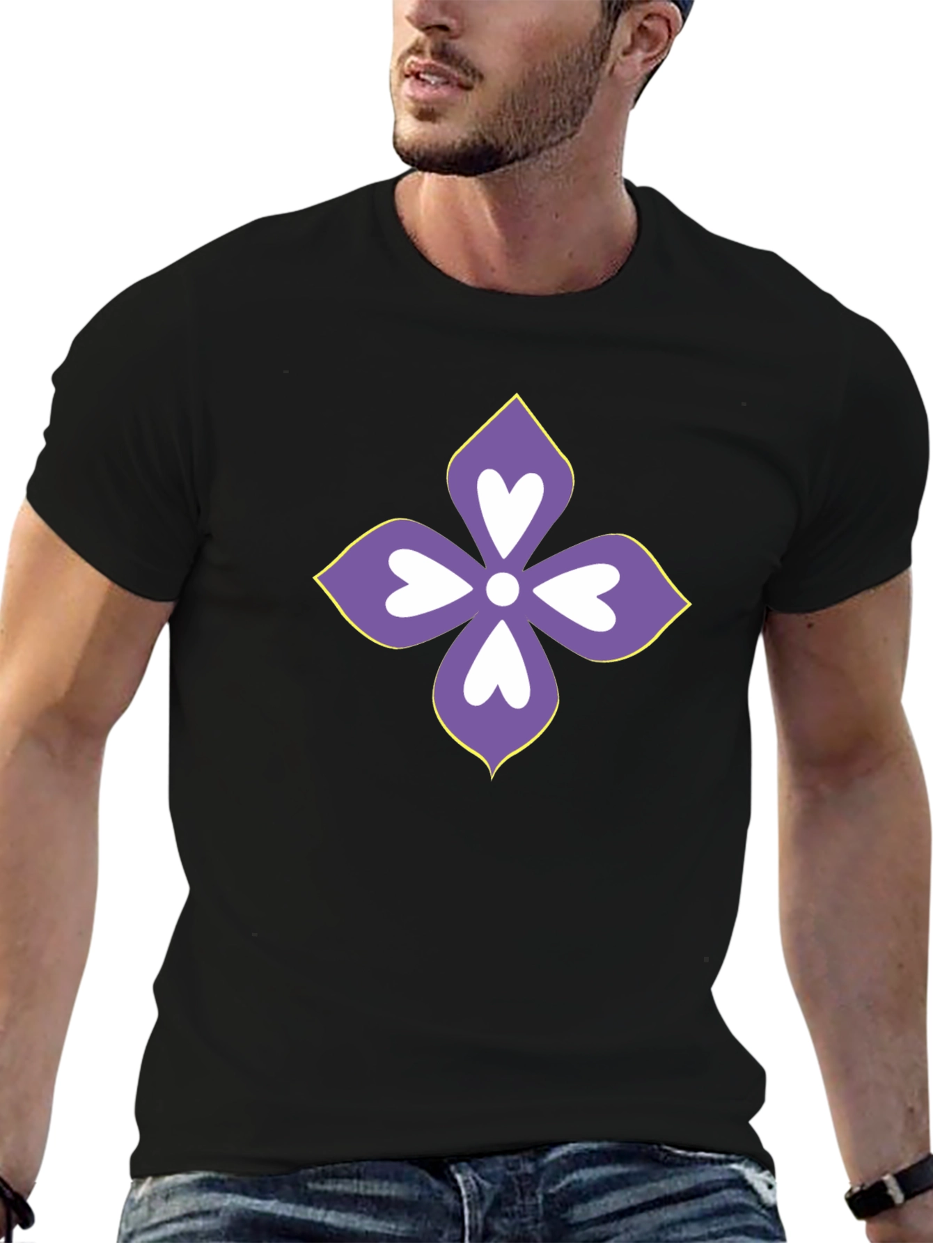Floral Heart Motif Black T-Shirt