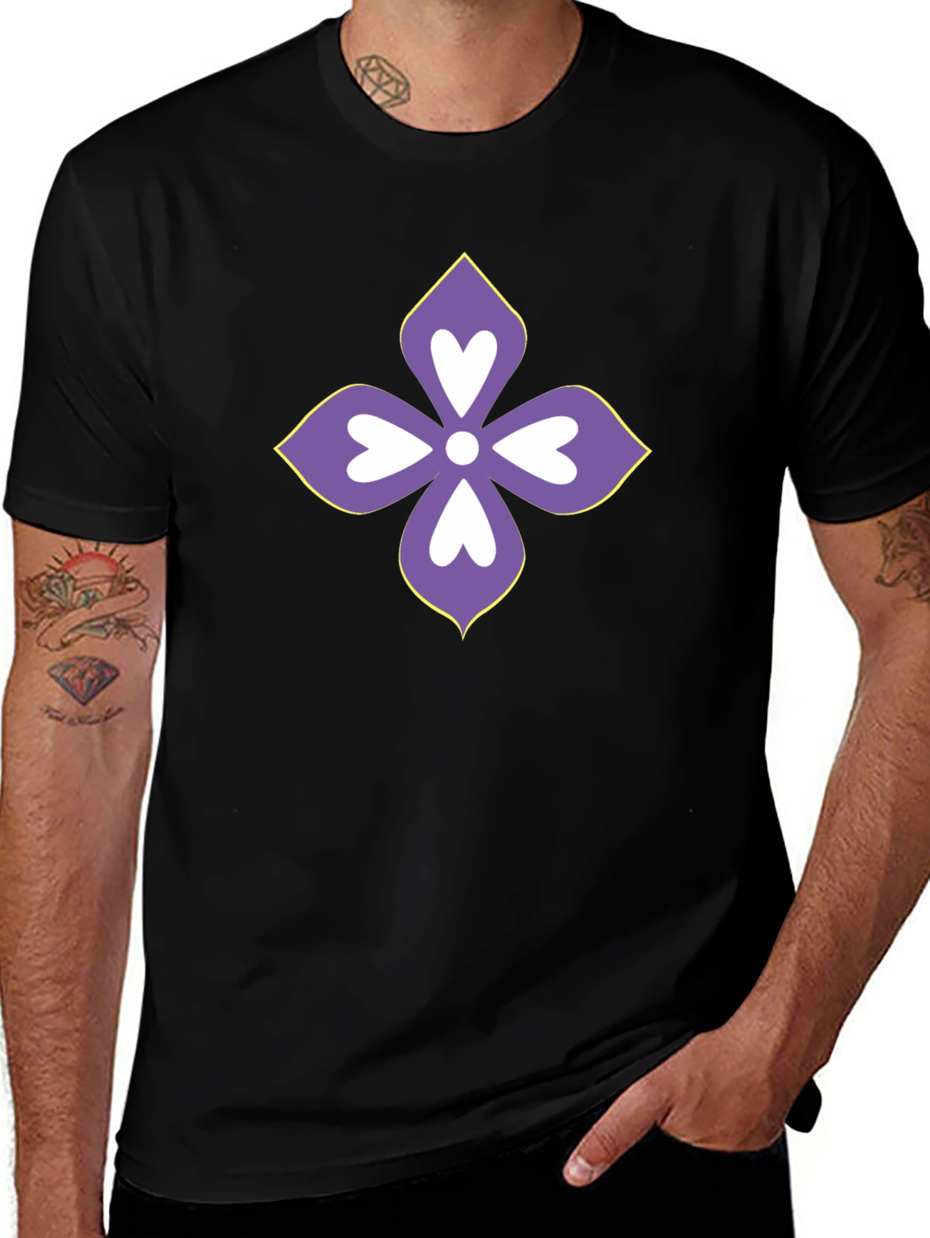 Floral Heart Motif Black T-Shirt