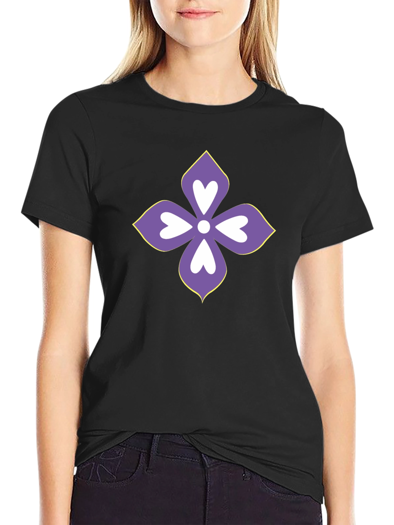Floral Heart Motif Black T-Shirt