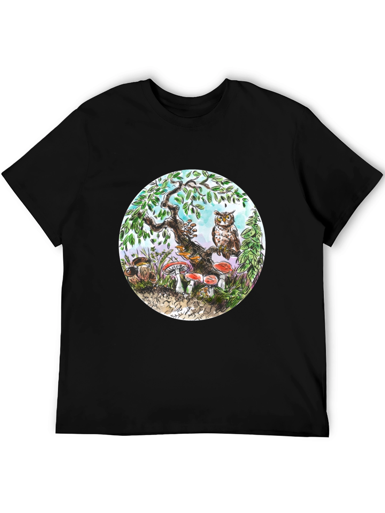 Whimsical Owl & Mushroom Graphic Tee