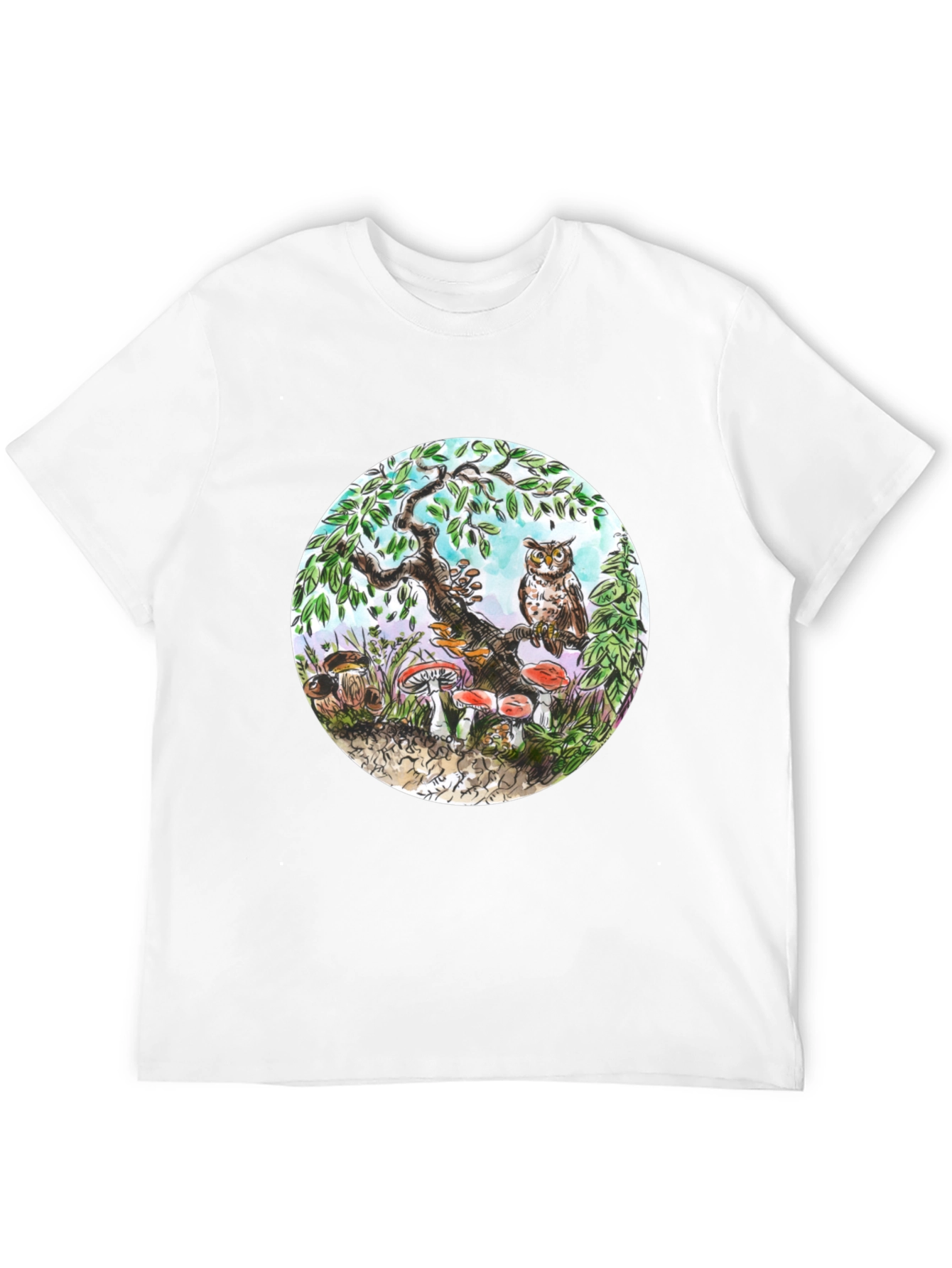 Whimsical Owl & Mushroom Graphic Tee