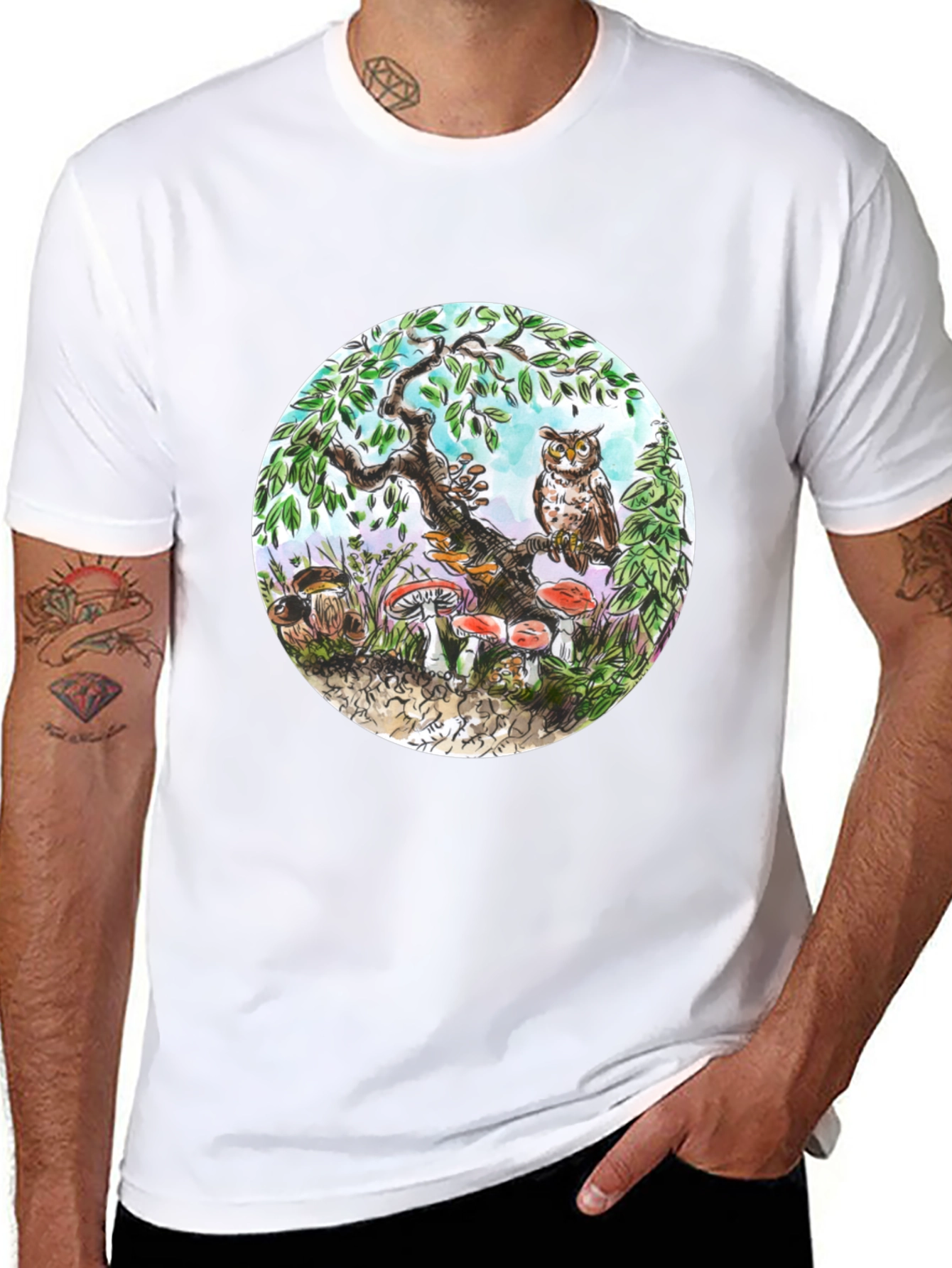 Whimsical Owl & Mushroom Graphic Tee