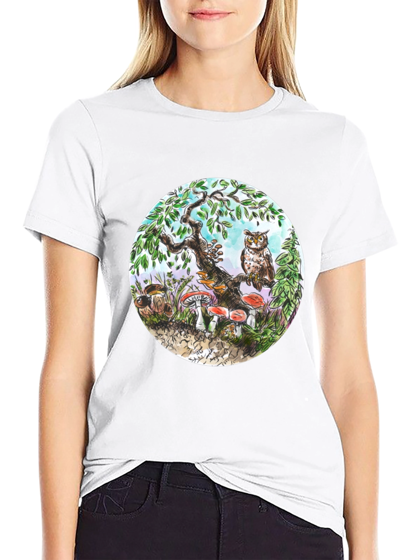 Whimsical Owl & Mushroom Graphic Tee