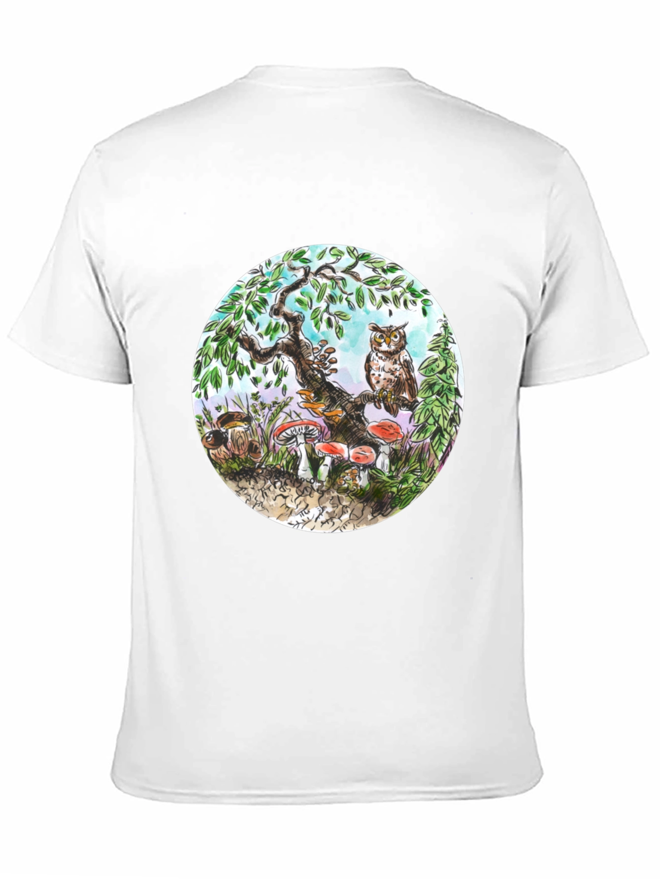 Whimsical Owl & Mushroom Graphic Tee
