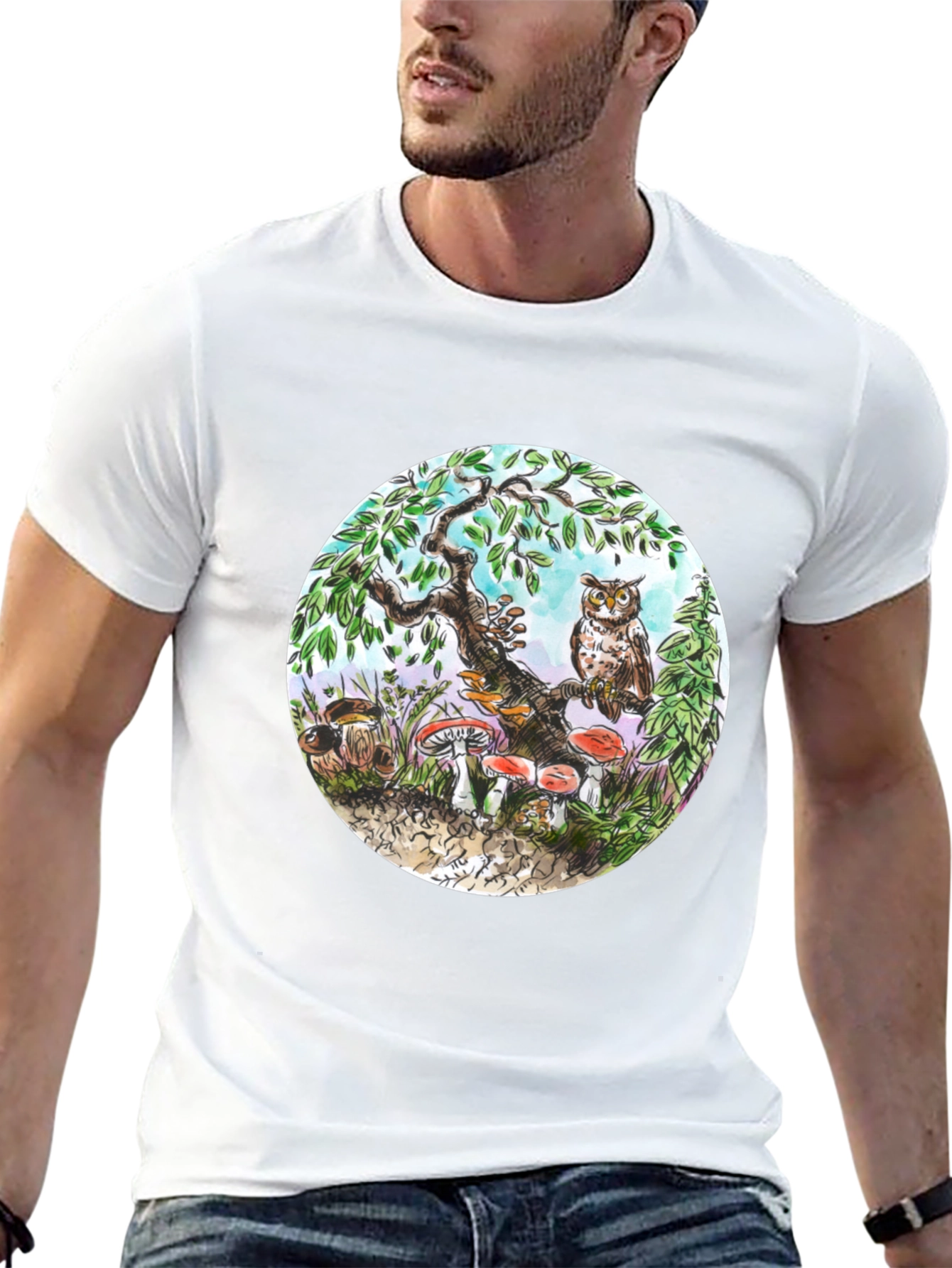 Whimsical Owl & Mushroom Graphic Tee