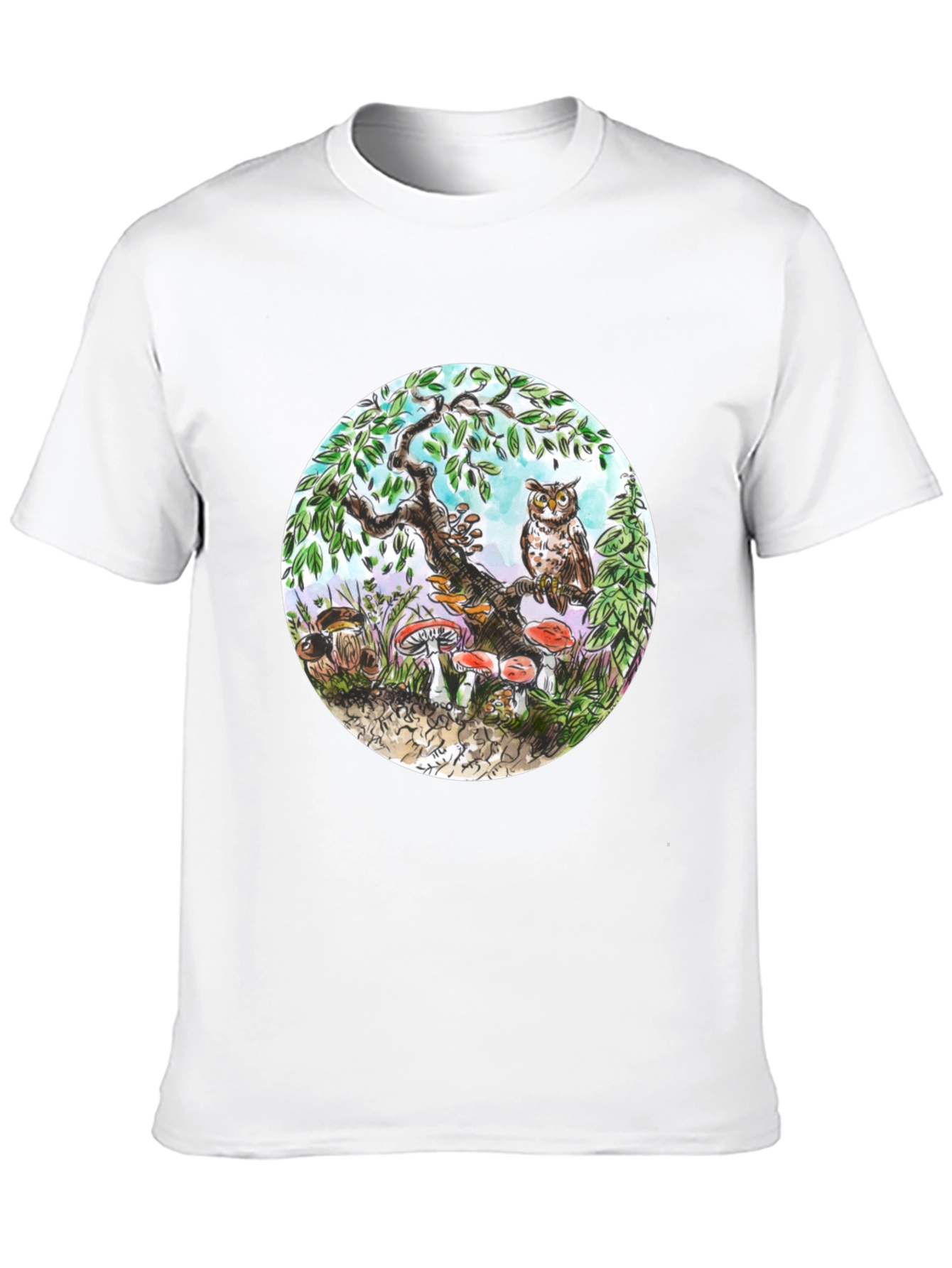 Whimsical Owl & Mushroom Graphic Tee