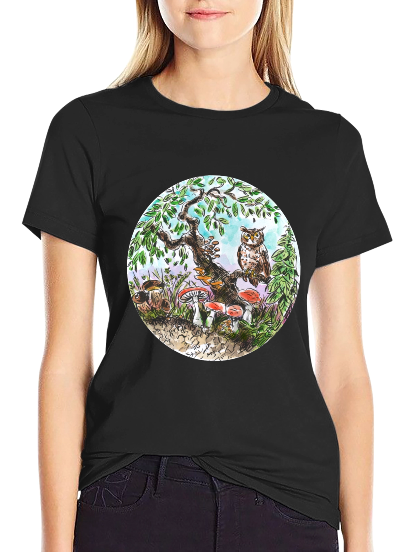 Whimsical Owl & Mushroom Graphic Tee