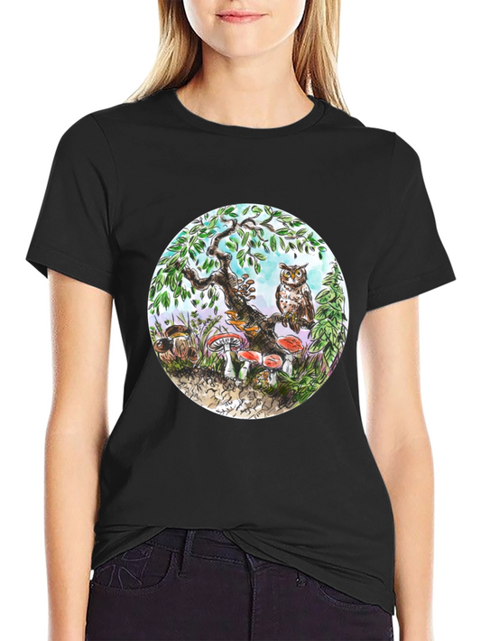 Whimsical Owl & Mushroom Graphic Tee