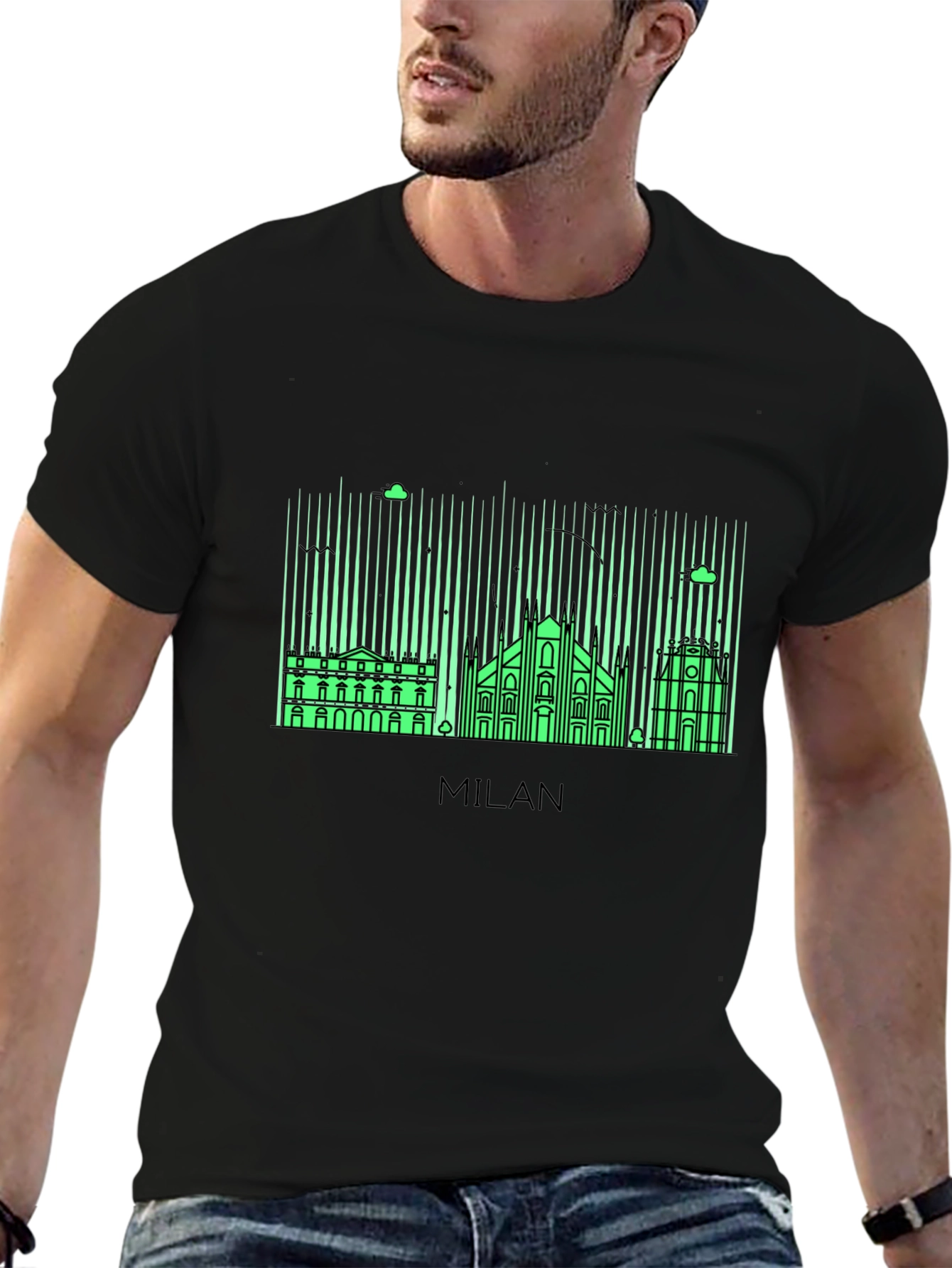 Milan Skyline Graphic Tee - Black Cotton T-Shirt