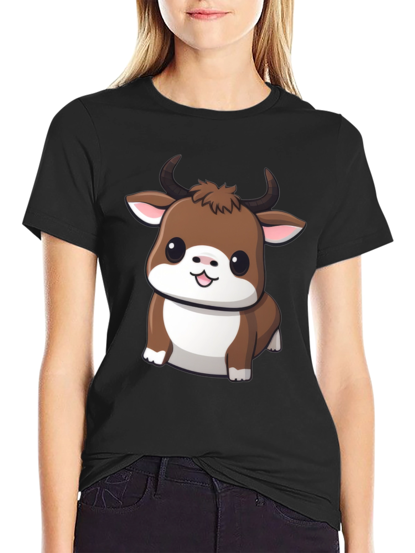 Cute Bull Cartoon Black T-Shirt