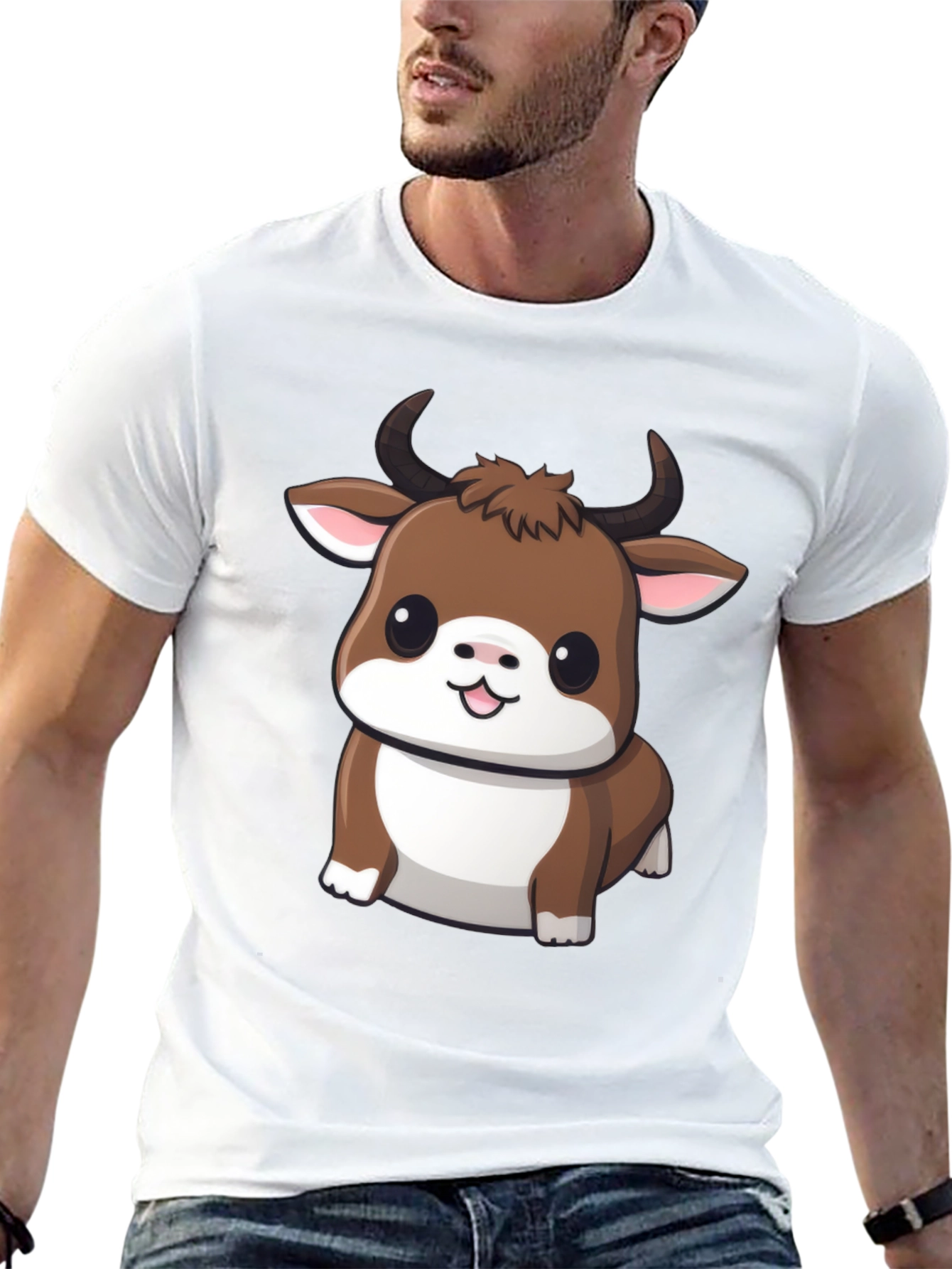 Cute Bull Cartoon Black T-Shirt