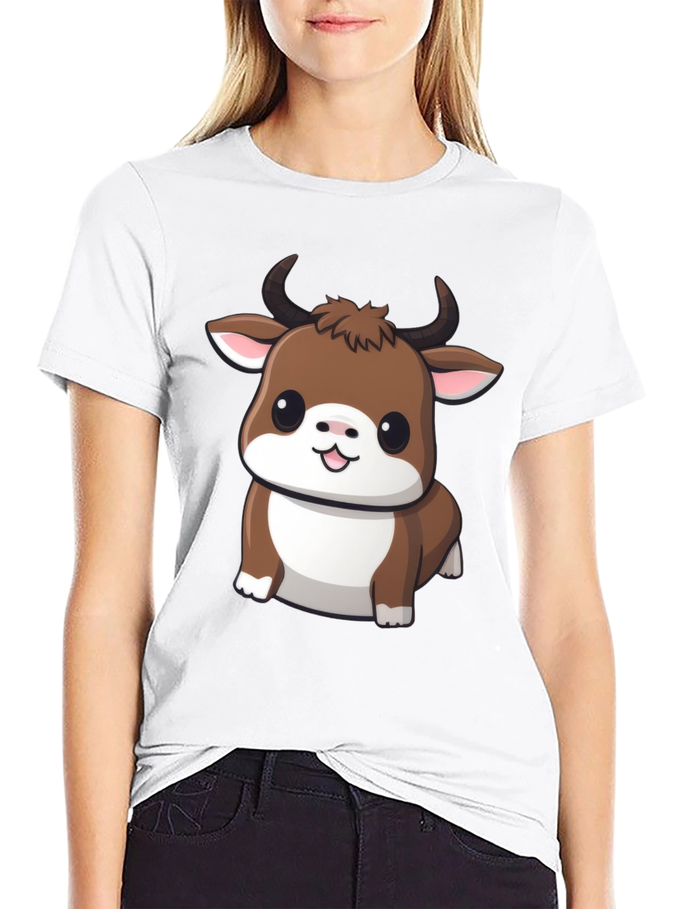 Cute Bull Cartoon Black T-Shirt