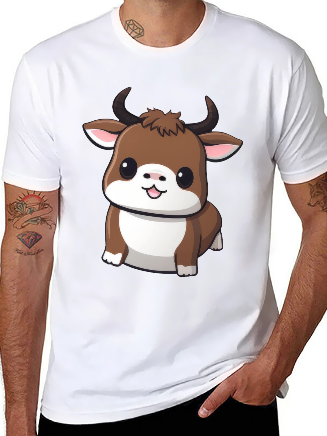 Cute Bull Cartoon Black T-Shirt